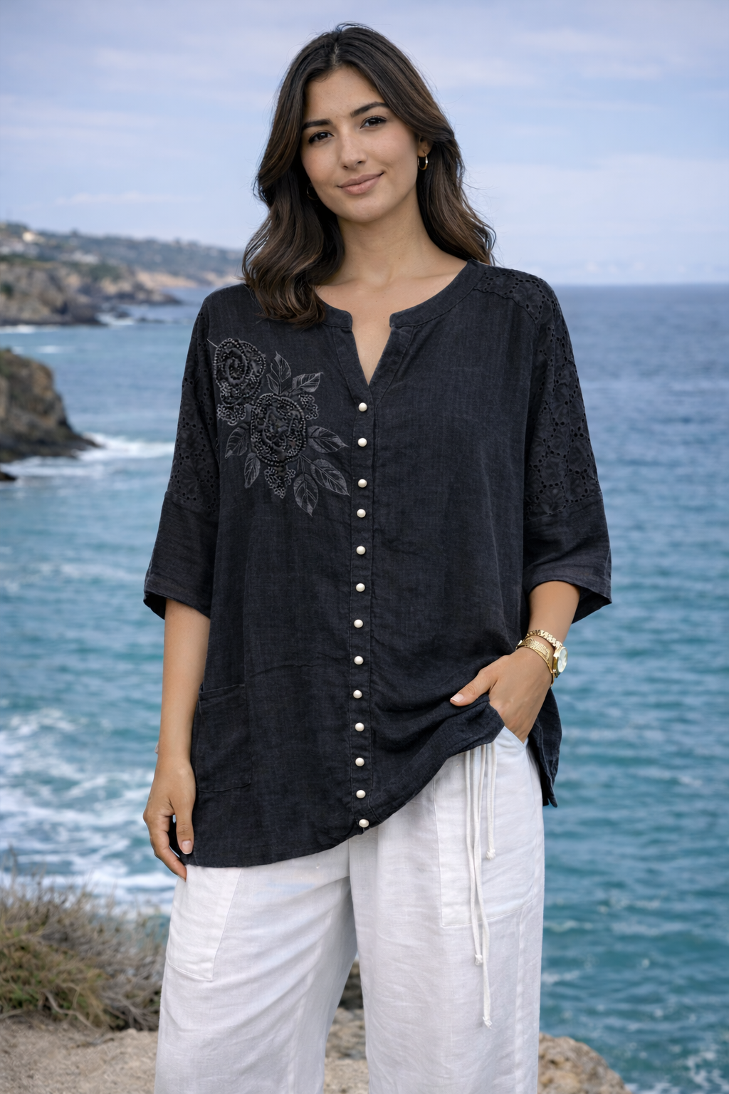 Rose Appliqué Button Top
