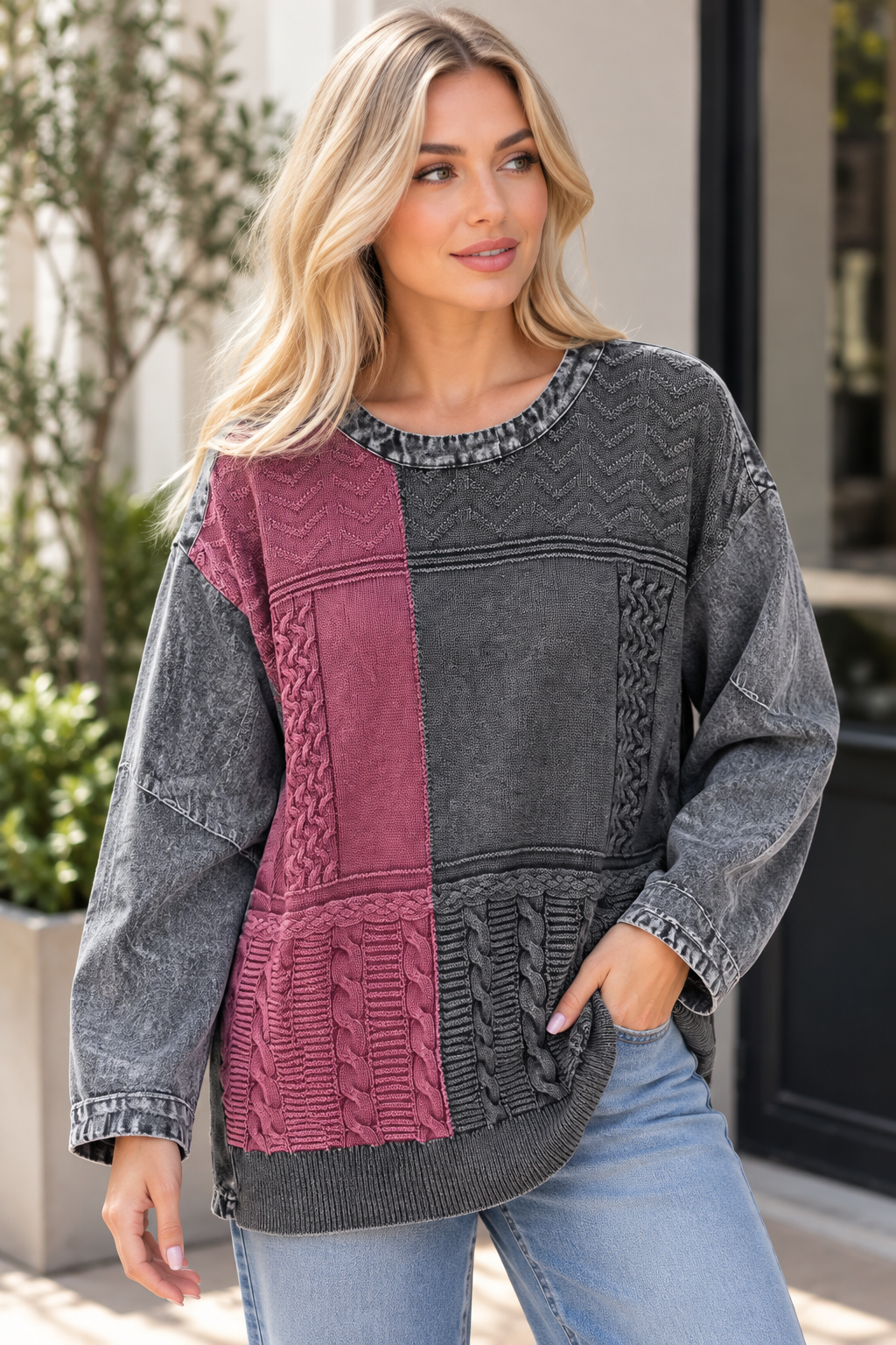 Colour block top with textured cable-knit panels and washed denim-look sleeves
