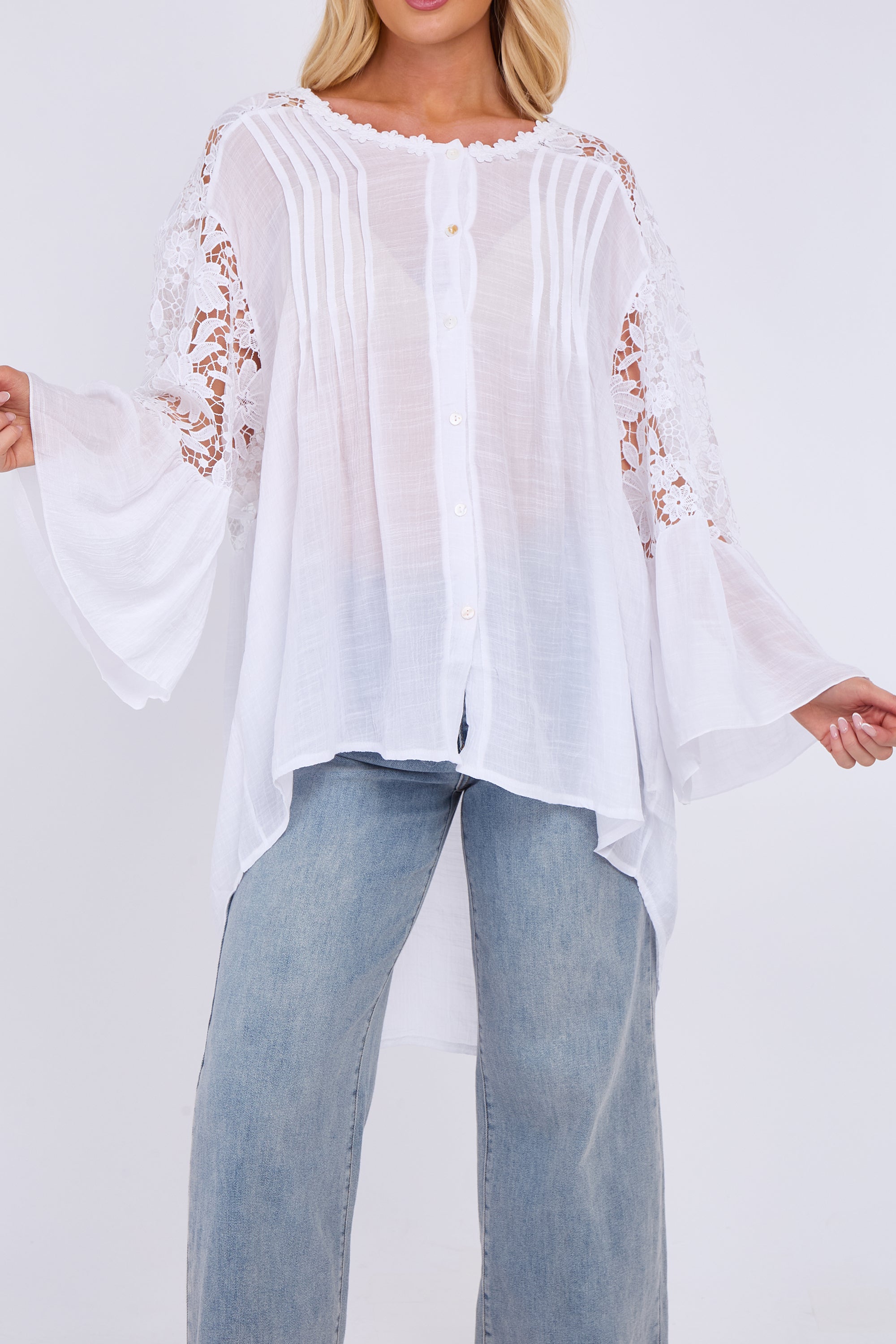 Lace Sleeve Button Front Shirt