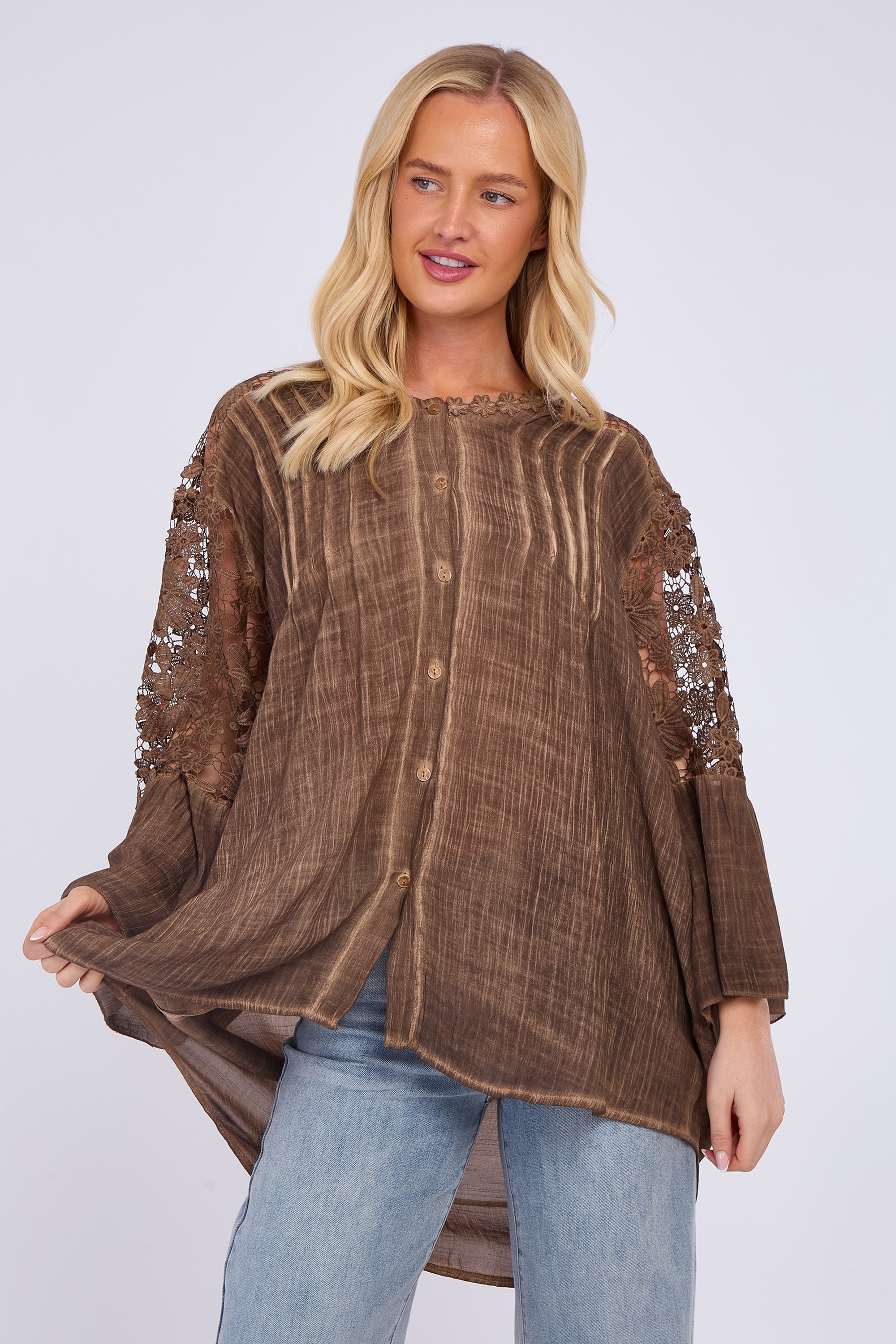 Lace Sleeve Button Front Shirt