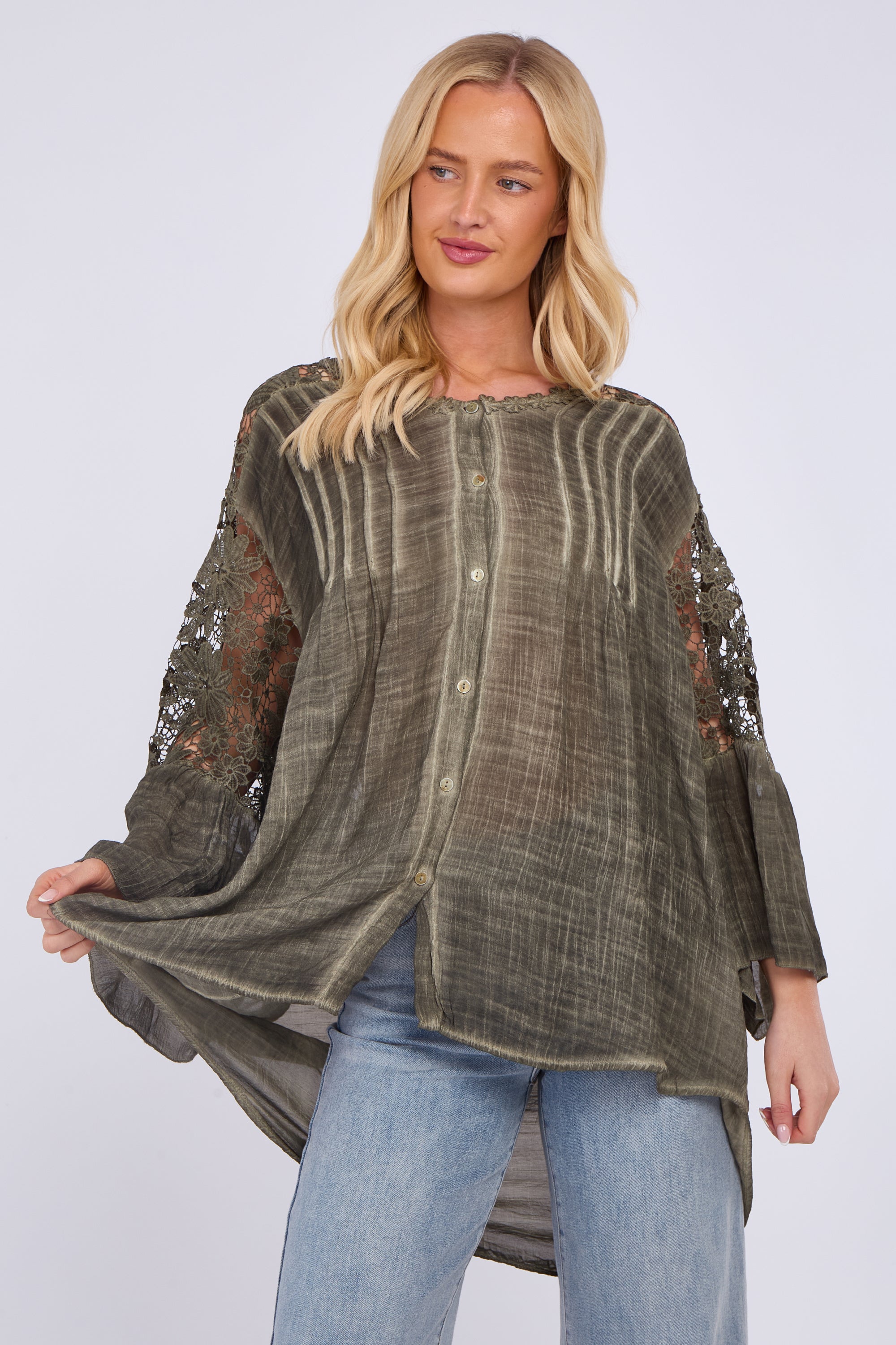 Lace Sleeve Button Front Shirt