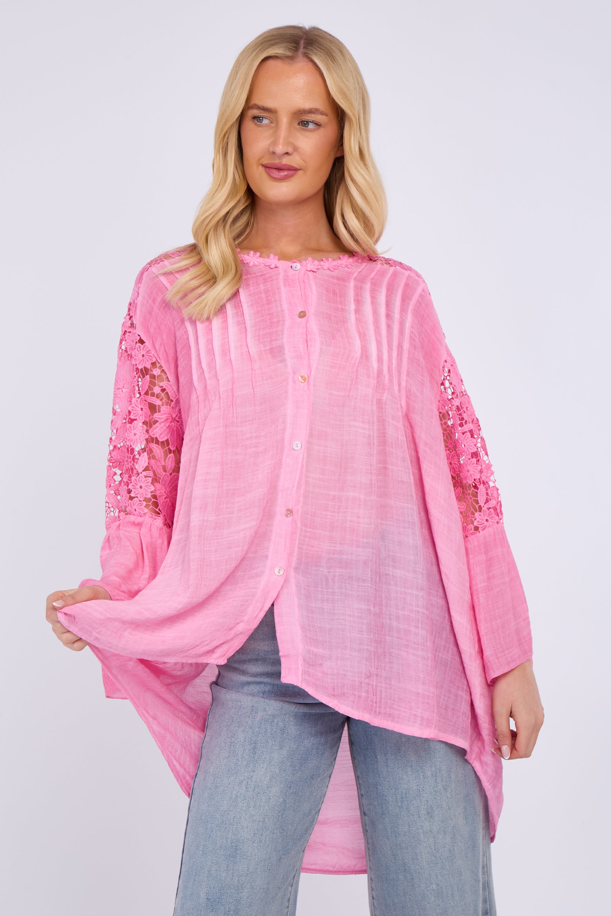 Lace Sleeve Button Front Shirt