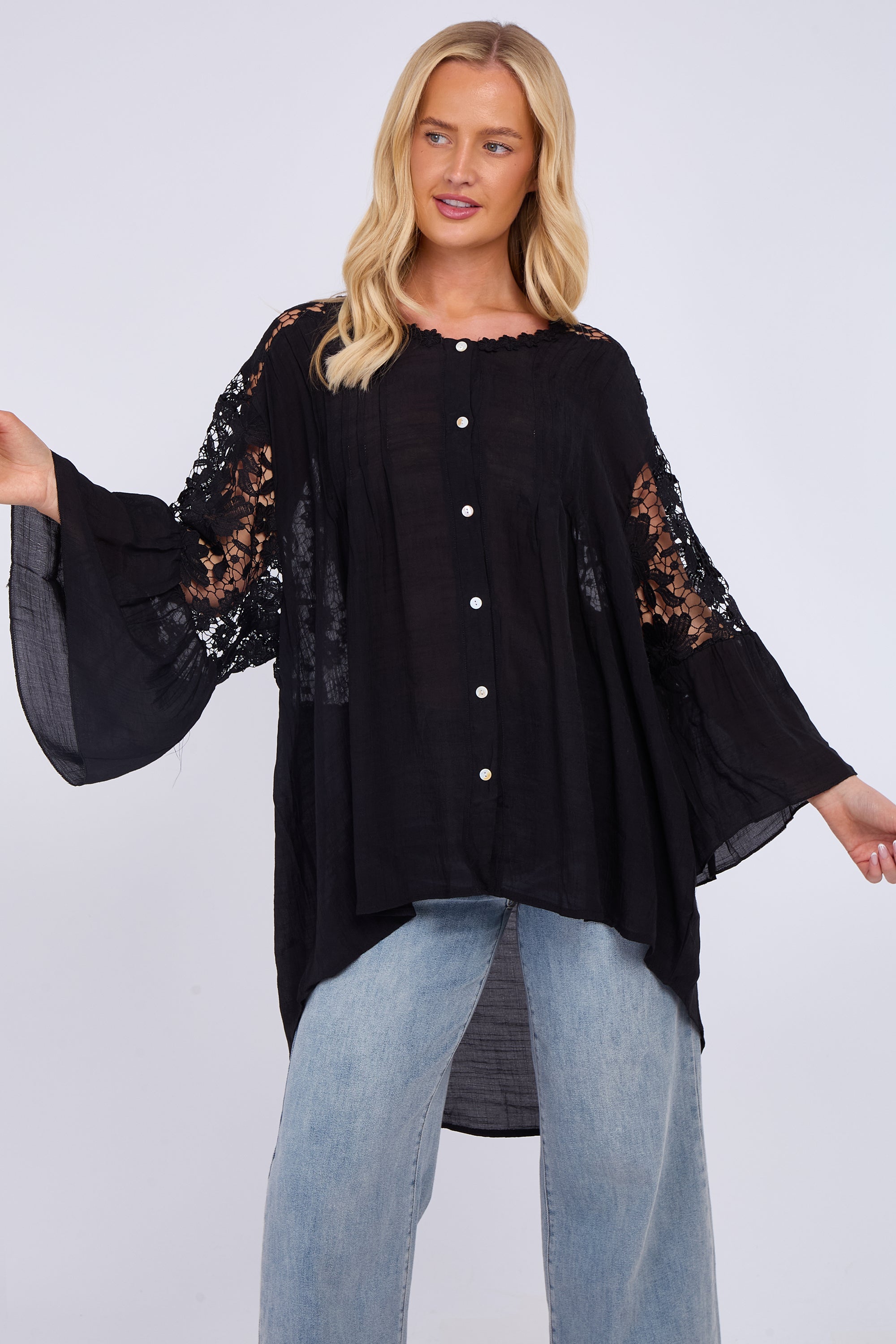 Lace Sleeve Button Front Shirt
