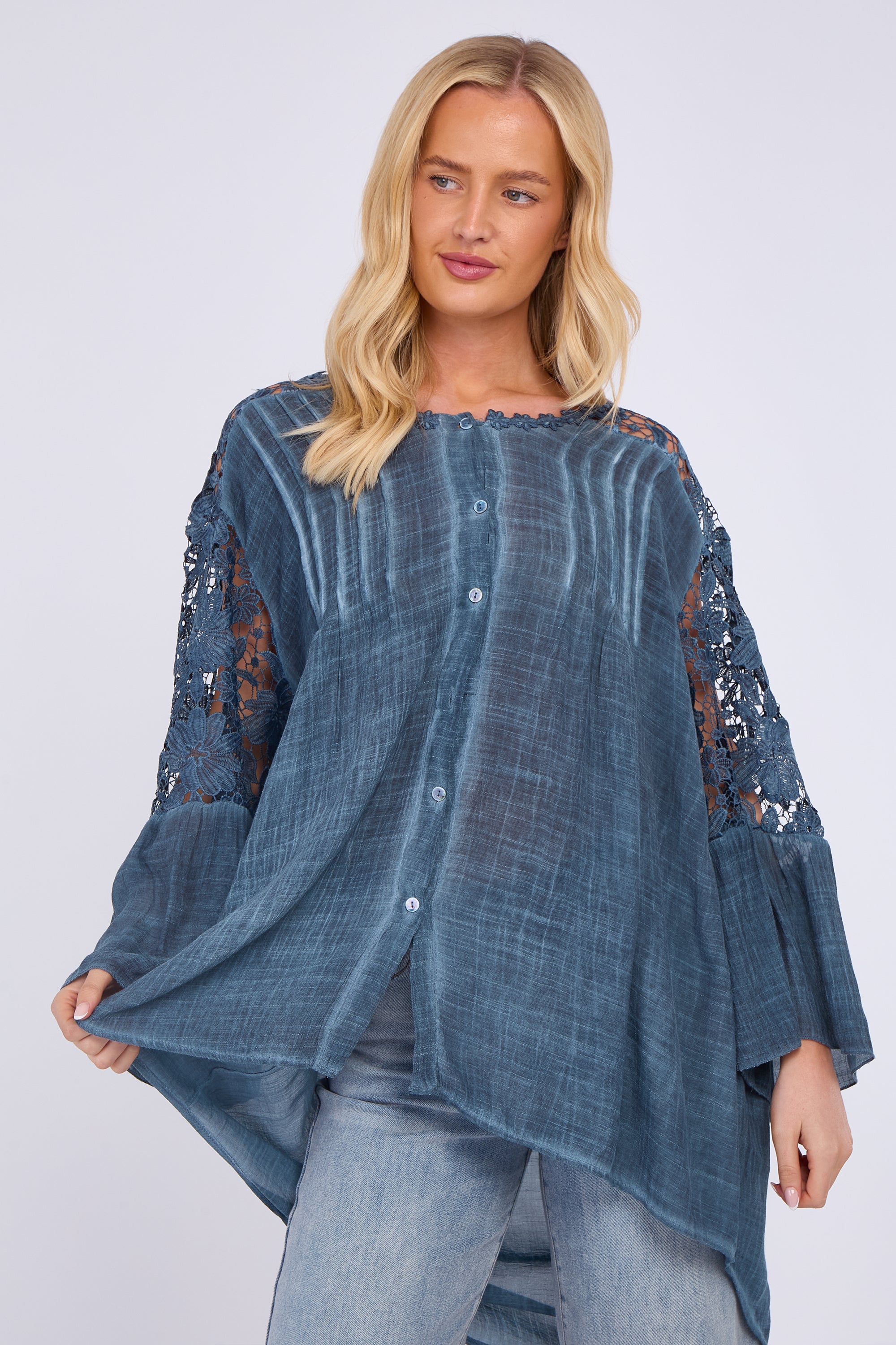 Lace Sleeve Button Front Shirt