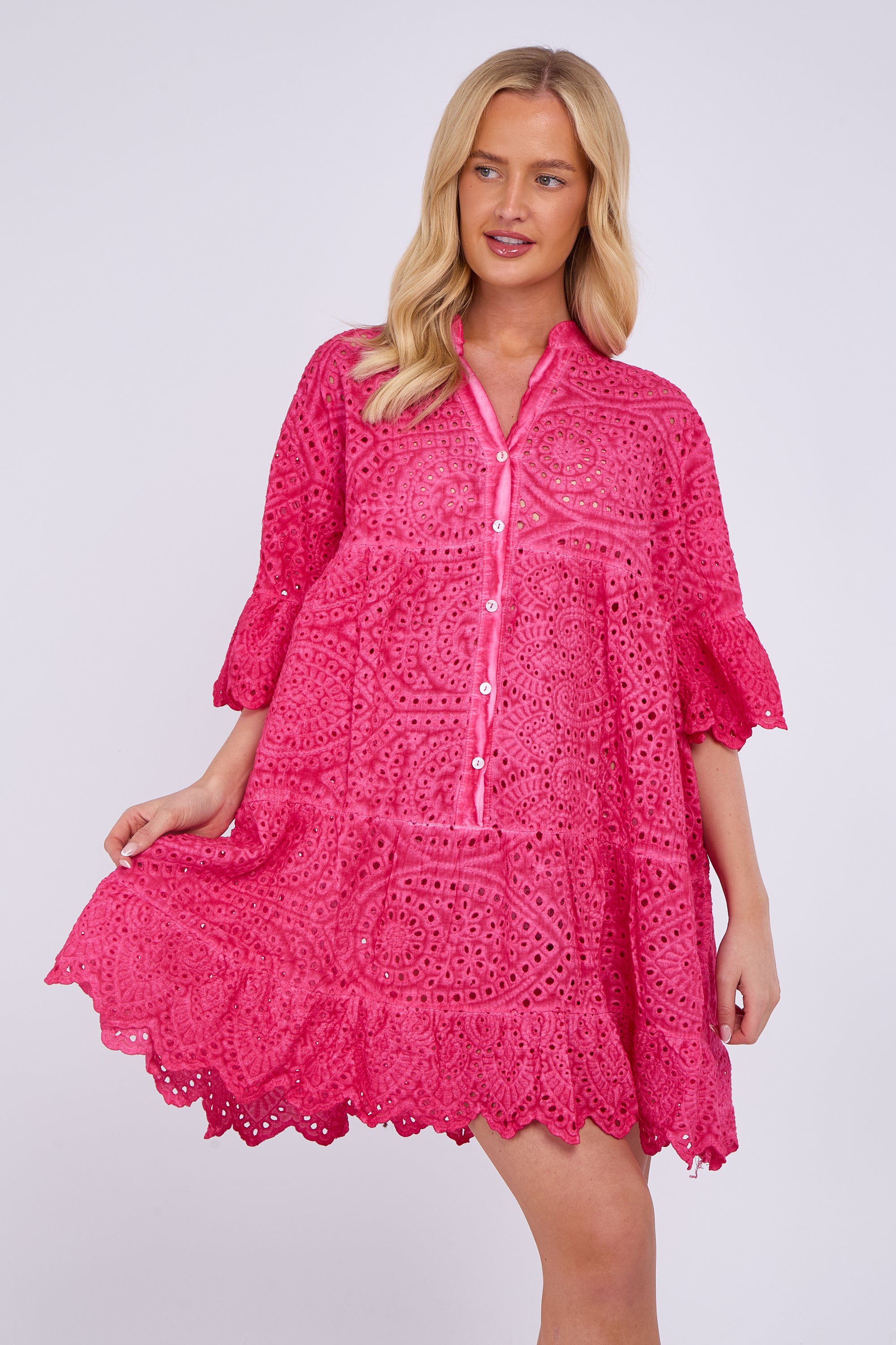 Broderie Lace Button Front Mini Dress