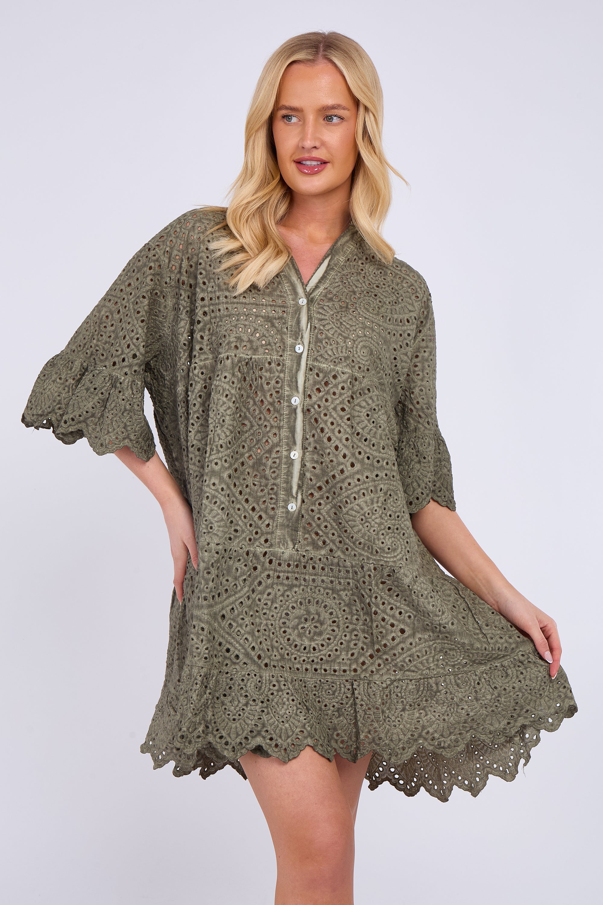 Broderie Lace Button Front Mini Dress