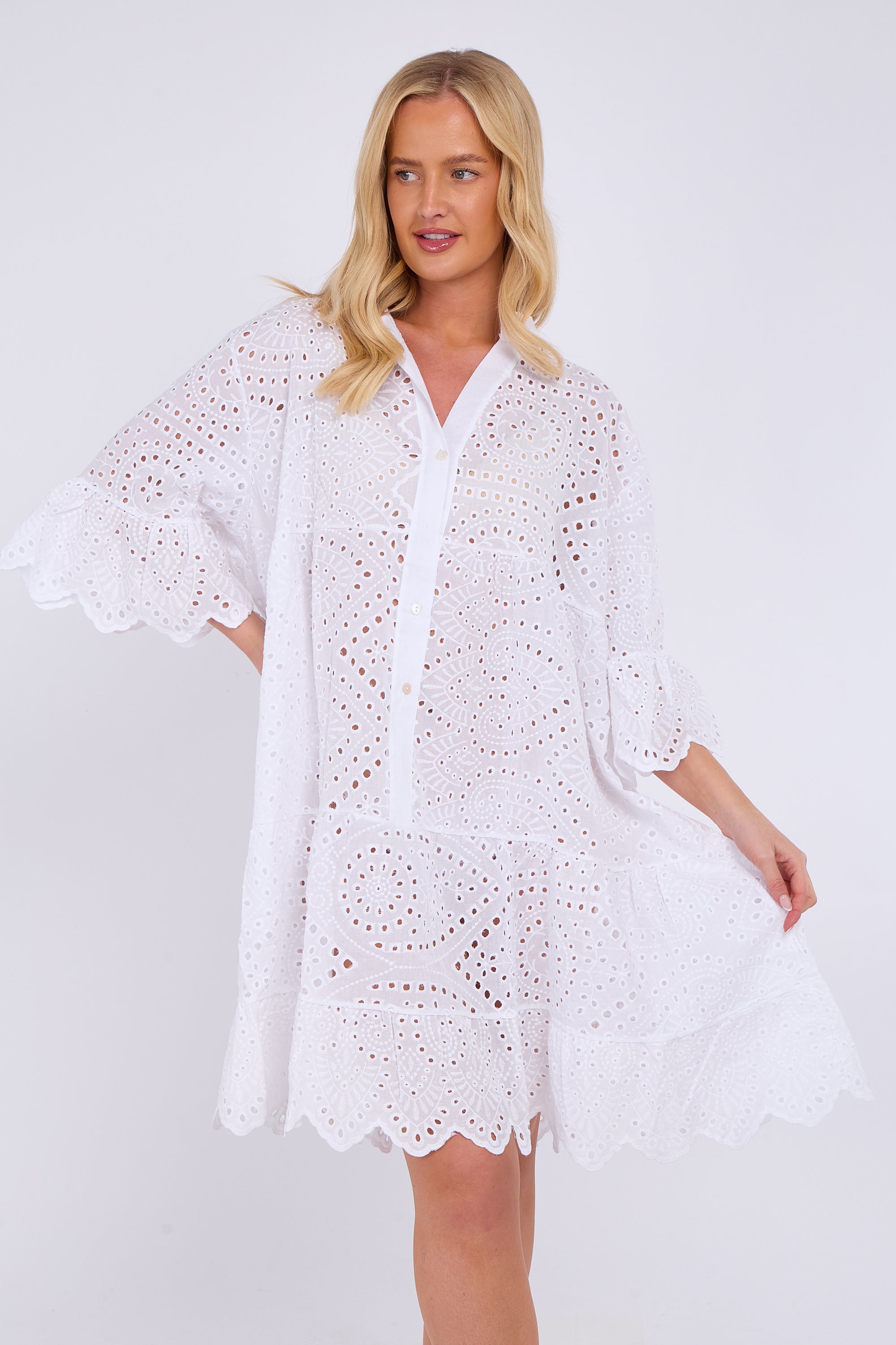 Broderie Lace Button Front Mini Dress