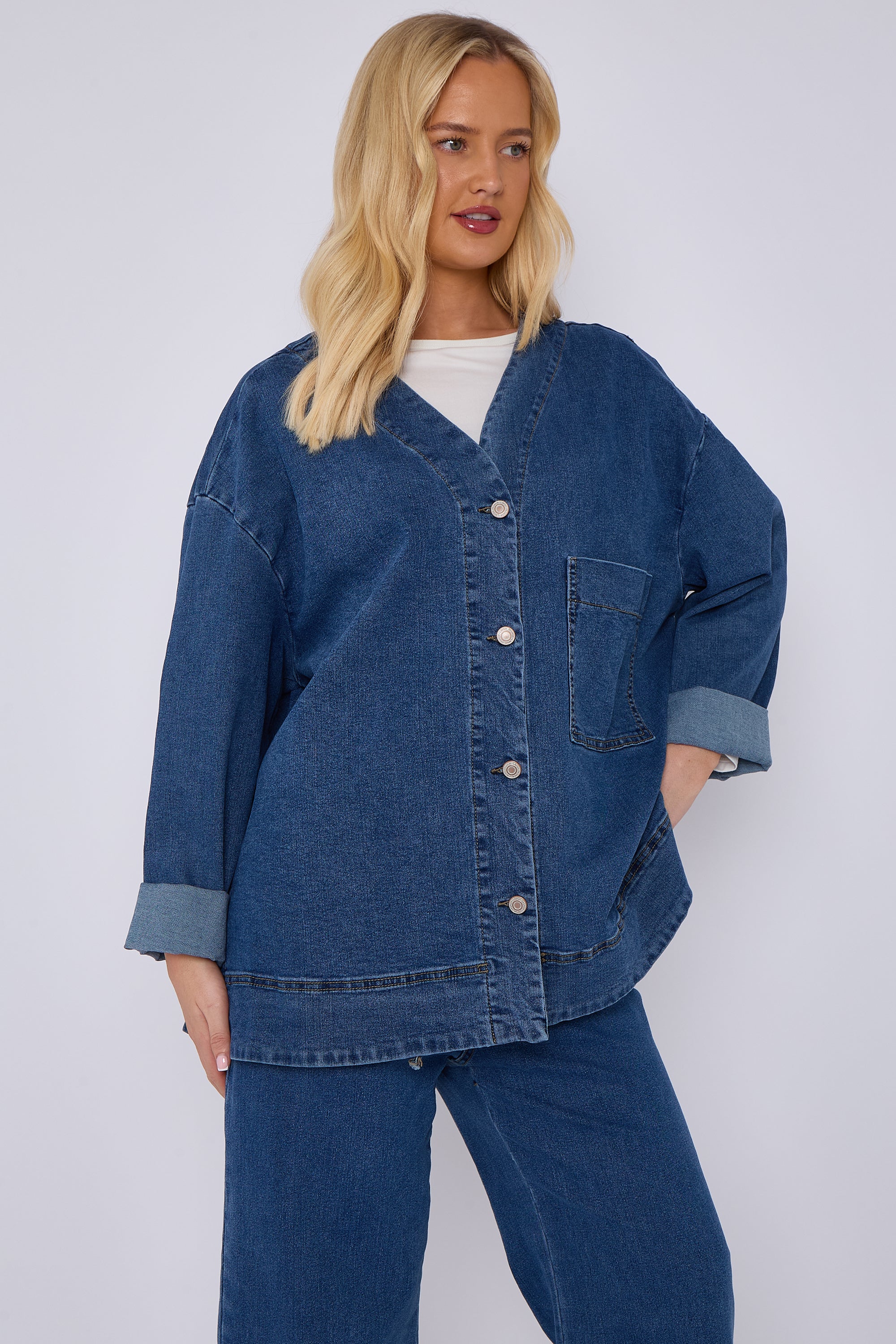 Blue Oversized Button Front Denim Jacket
