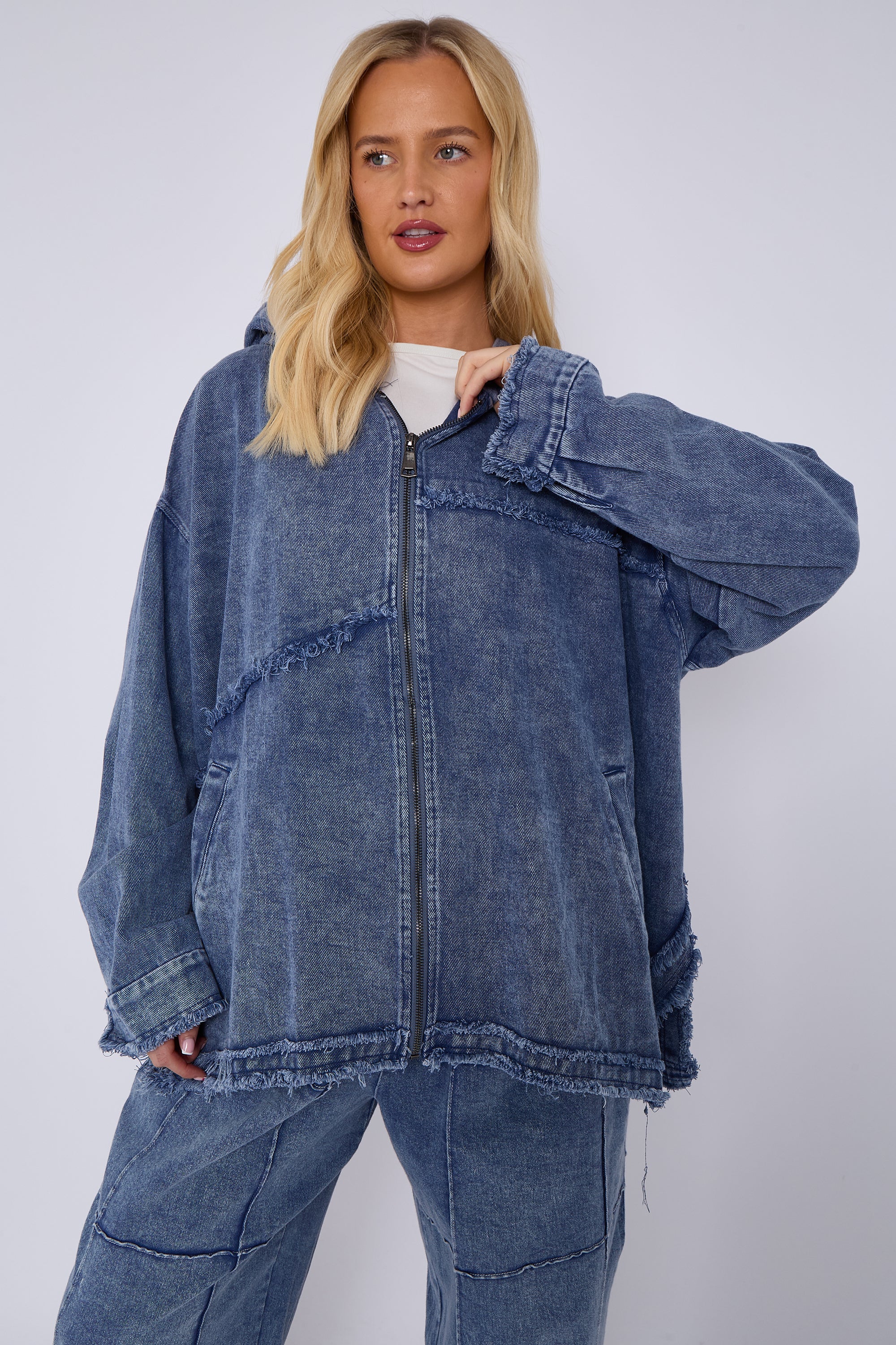 Blue Mid Wash Oversized Zip Front Denim Hoodie Jacket