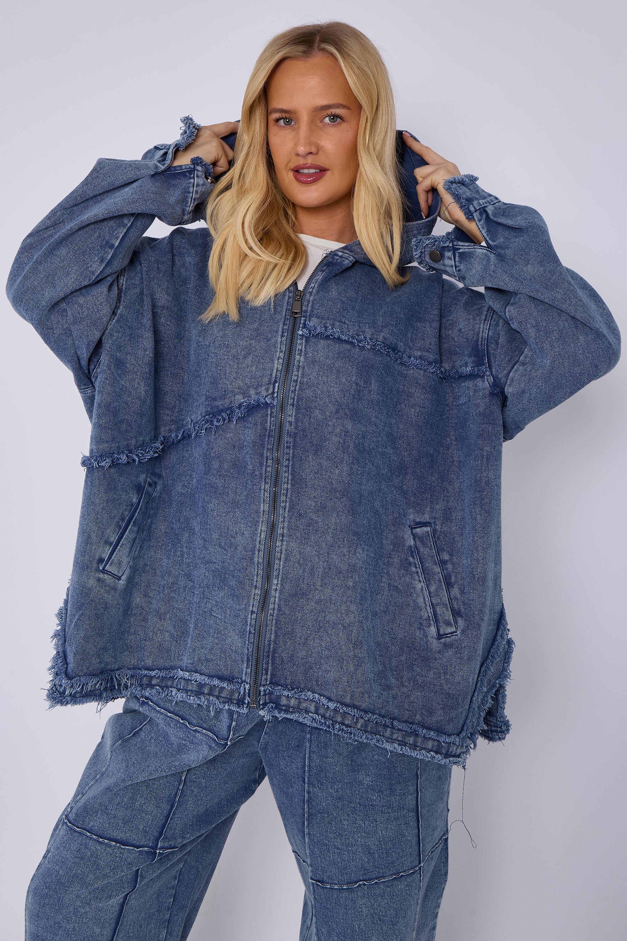 Blue Mid Wash Oversized Zip Front Denim Hoodie Jacket