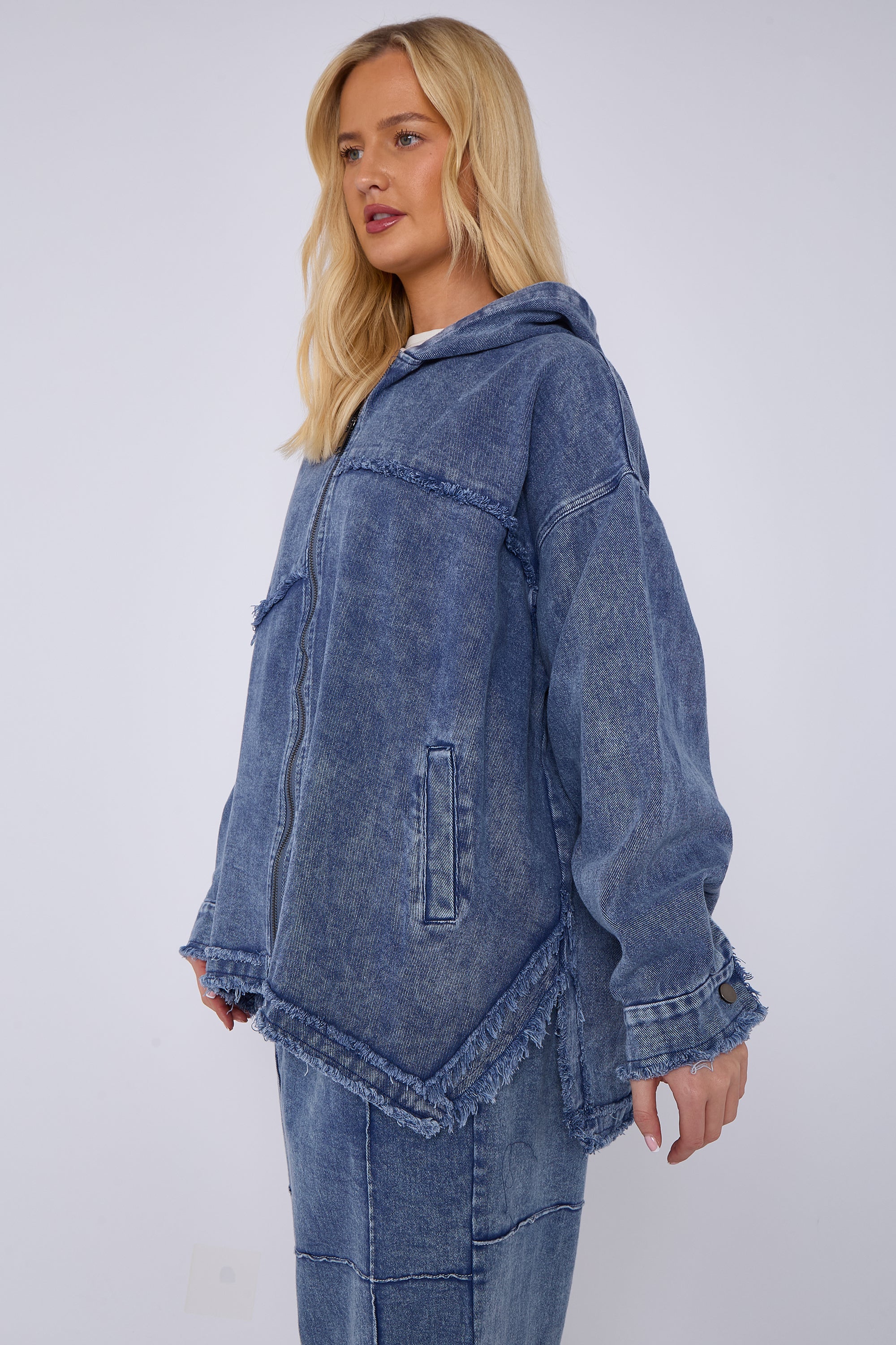 Blue Mid Wash Oversized Zip Front Denim Hoodie Jacket
