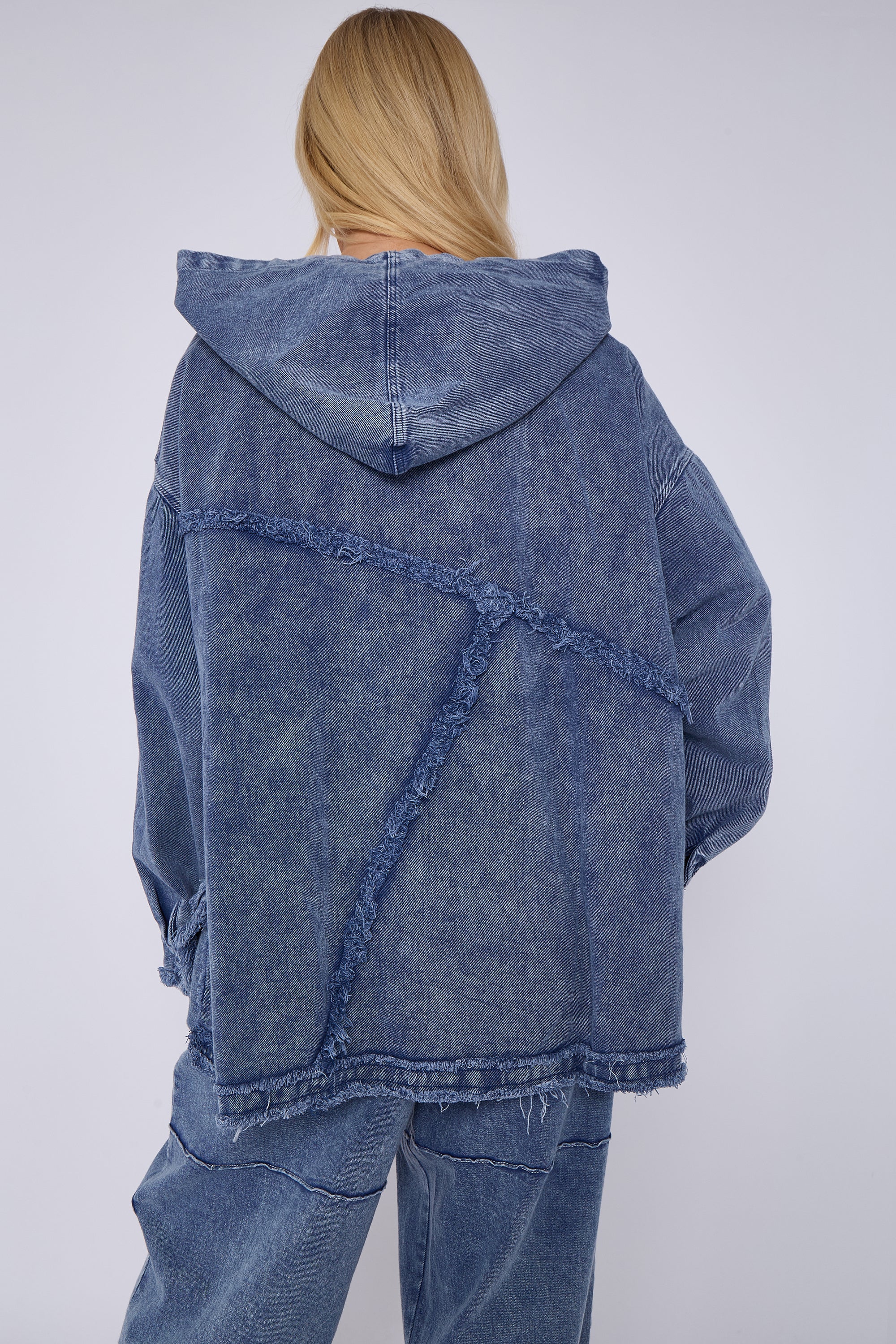 Blue Mid Wash Oversized Zip Front Denim Hoodie Jacket
