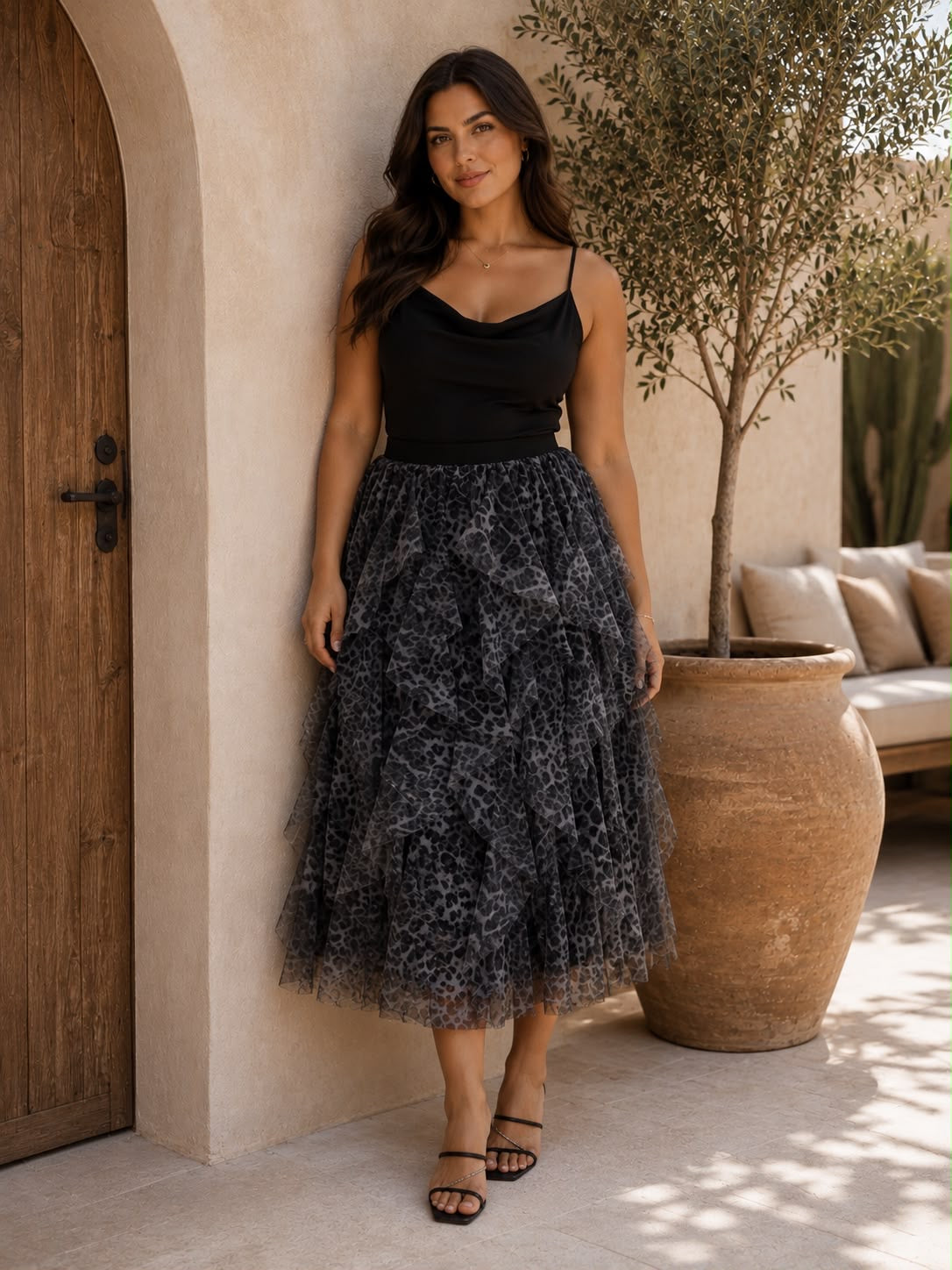 Leopard Print Tiered Mesh Midi Skirt