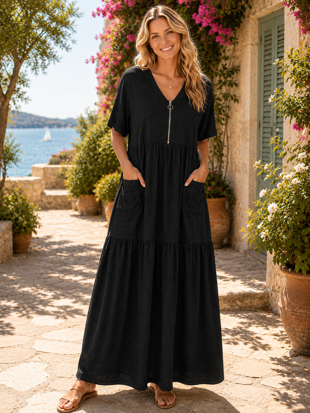 Zip-front tiered Maxi Dress