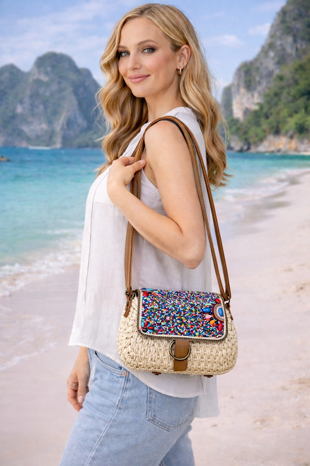 Beaded Flap Crossbody Bag