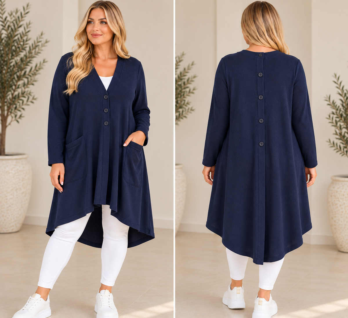 Longline cardigan shown from the front and back with pockets, dipped hem and button detailing
