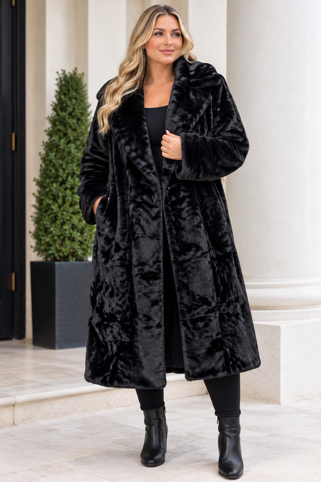 Arabella long fur coat with statement collar