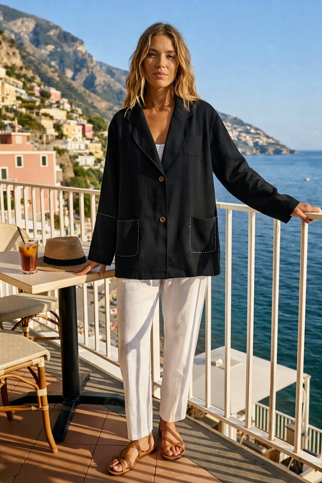 Contrast Stitch Linen Blazer