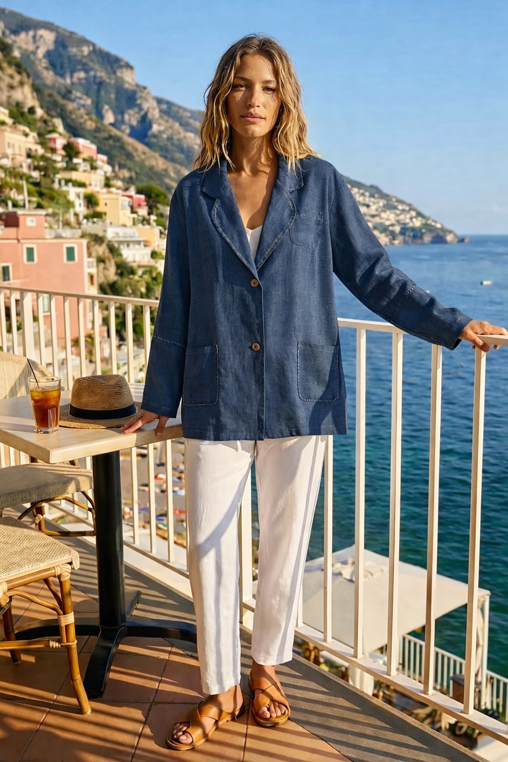 Contrast Stitch Linen Blazer