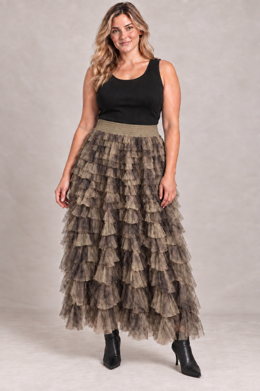 Ruffle Mesh Tiered Maxi Skirt