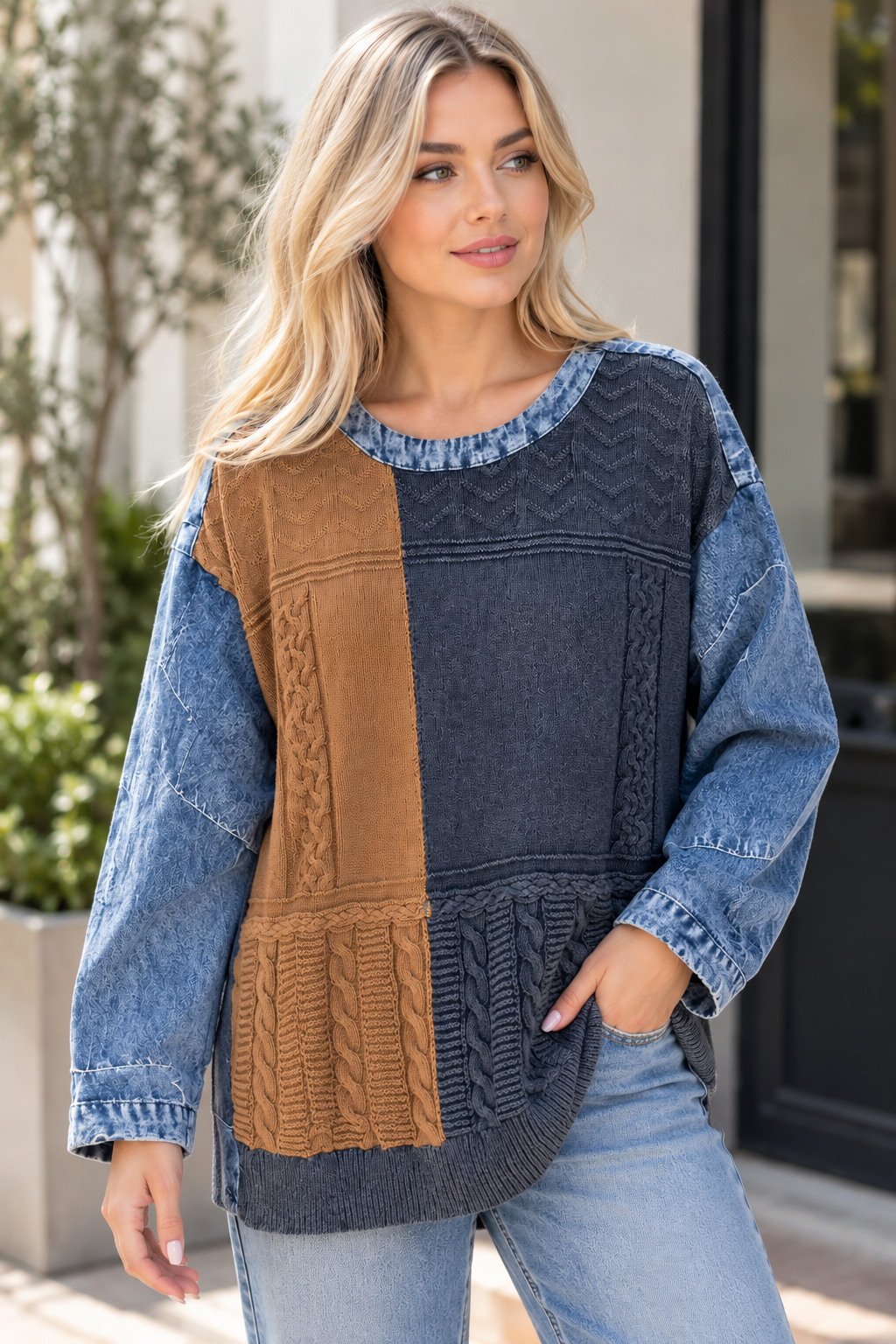 Colour block top with textured cable-knit panels and washed denim-look sleeves