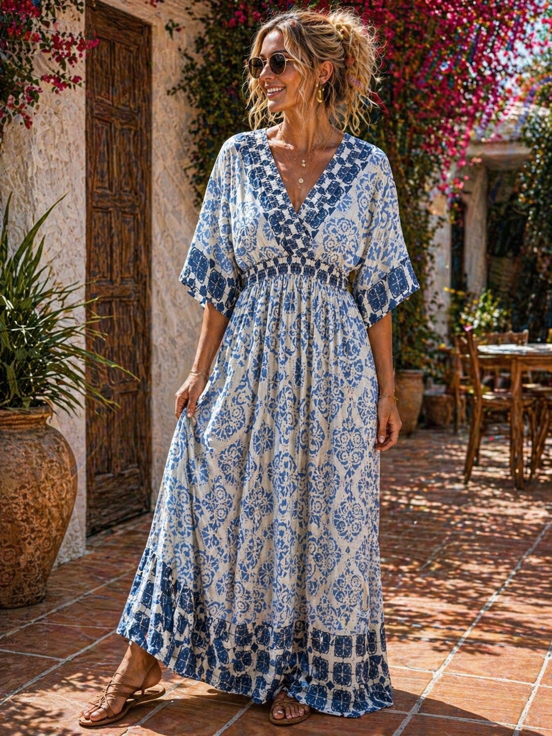 Mediterranean Tile Print Maxi Dress