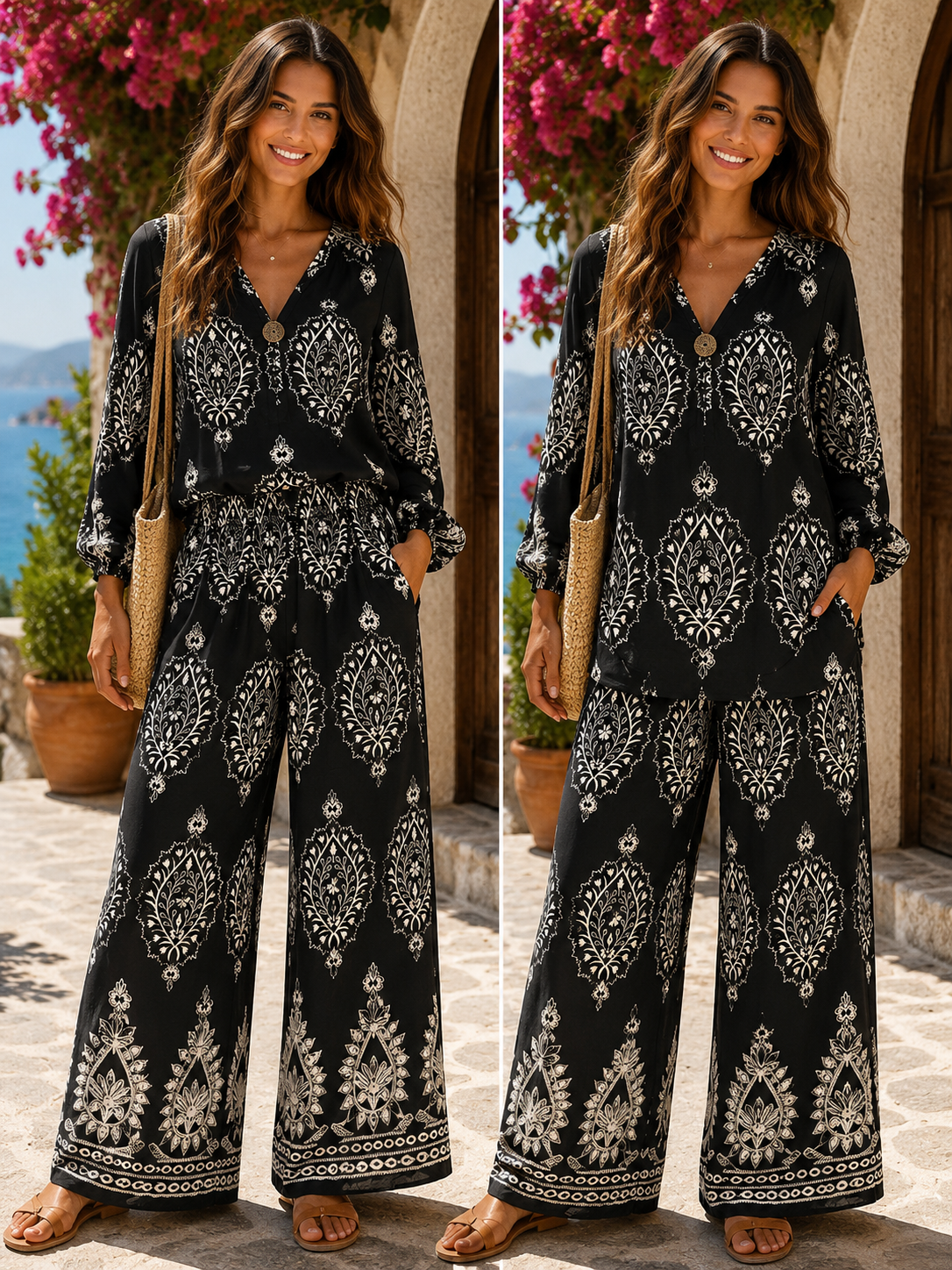 Paisley Print V-Neck Boho Co-Ord Set