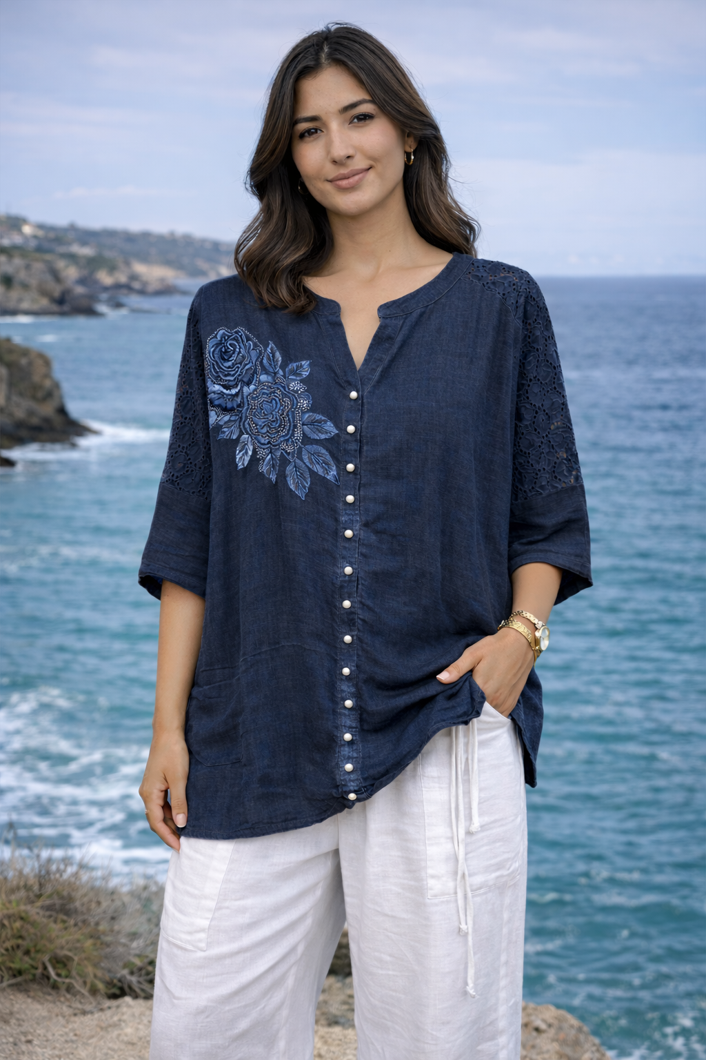 Rose Appliqué Button Top