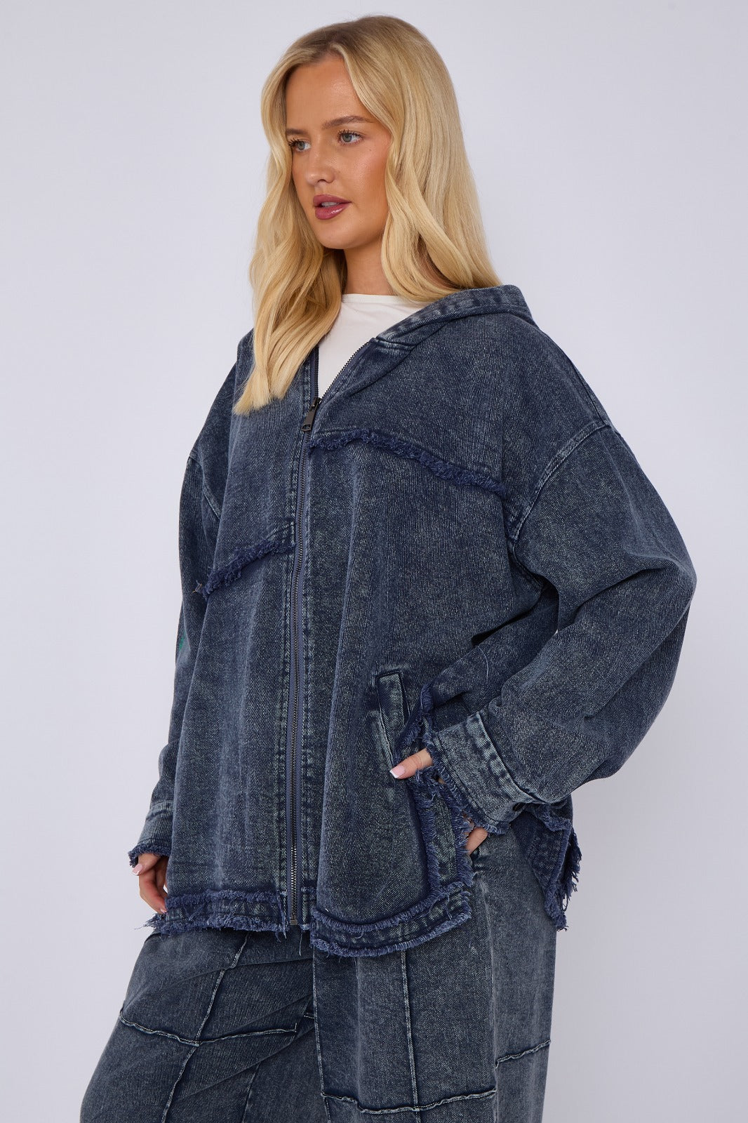 Blue Mid Wash Oversized Zip Front Denim Hoodie Jacket