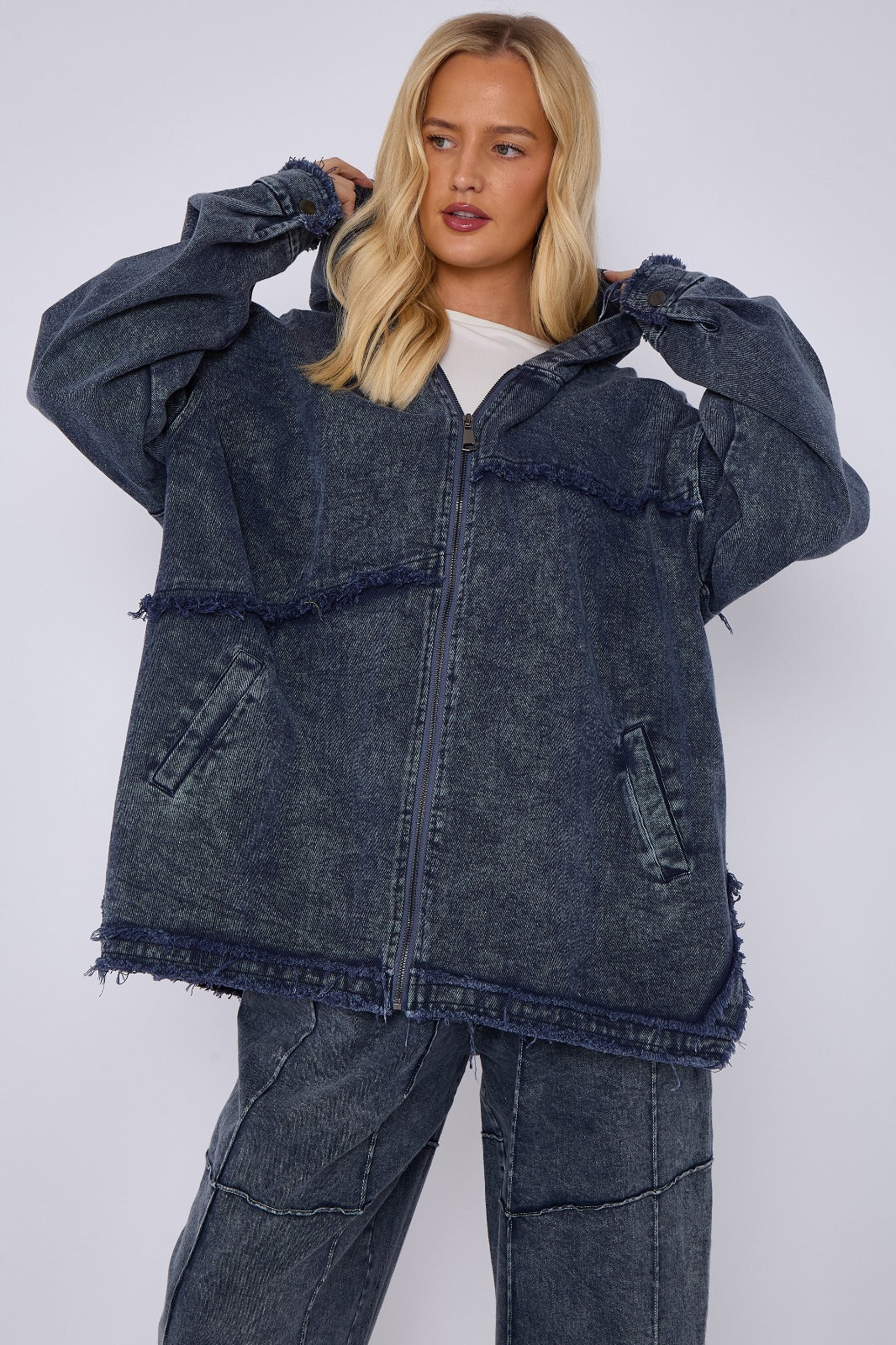 Blue Mid Wash Oversized Zip Front Denim Hoodie Jacket