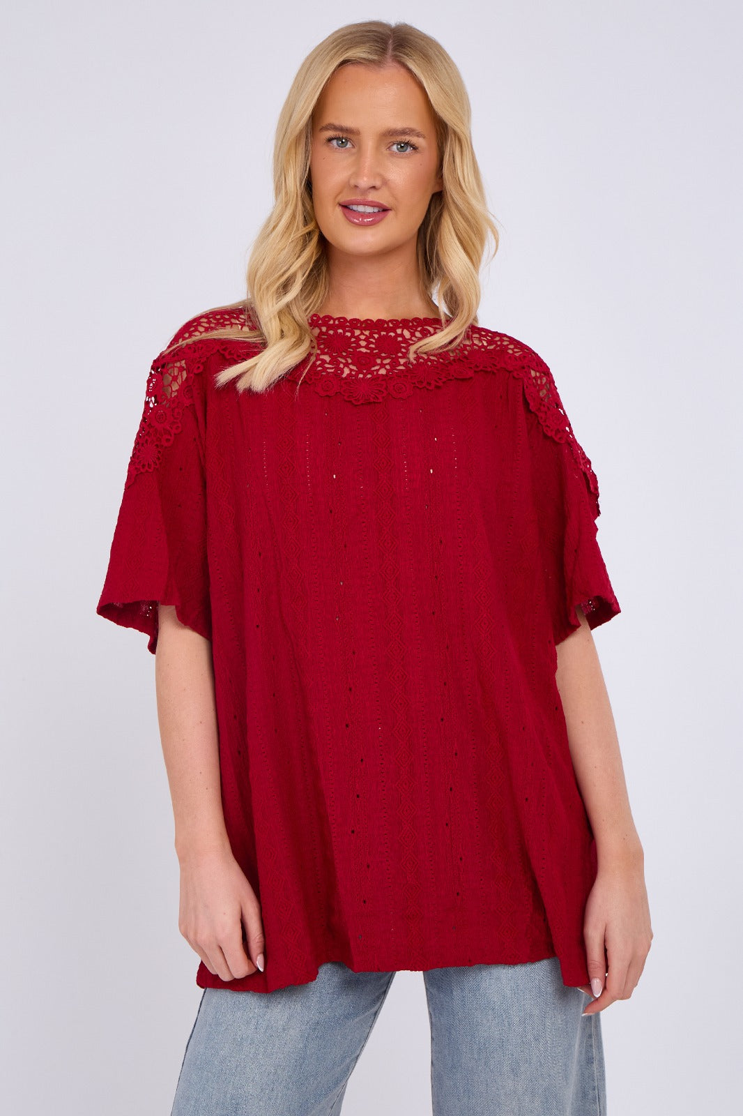 Broderie Anglaise Lace Shoulder Detail Top