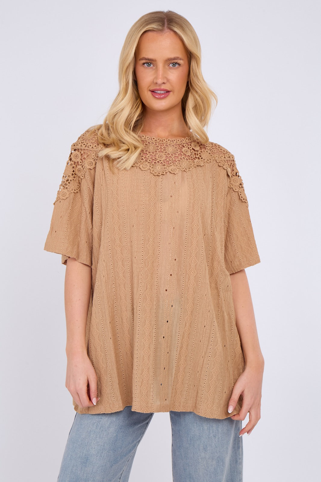 Broderie Anglaise Lace Shoulder Detail Top