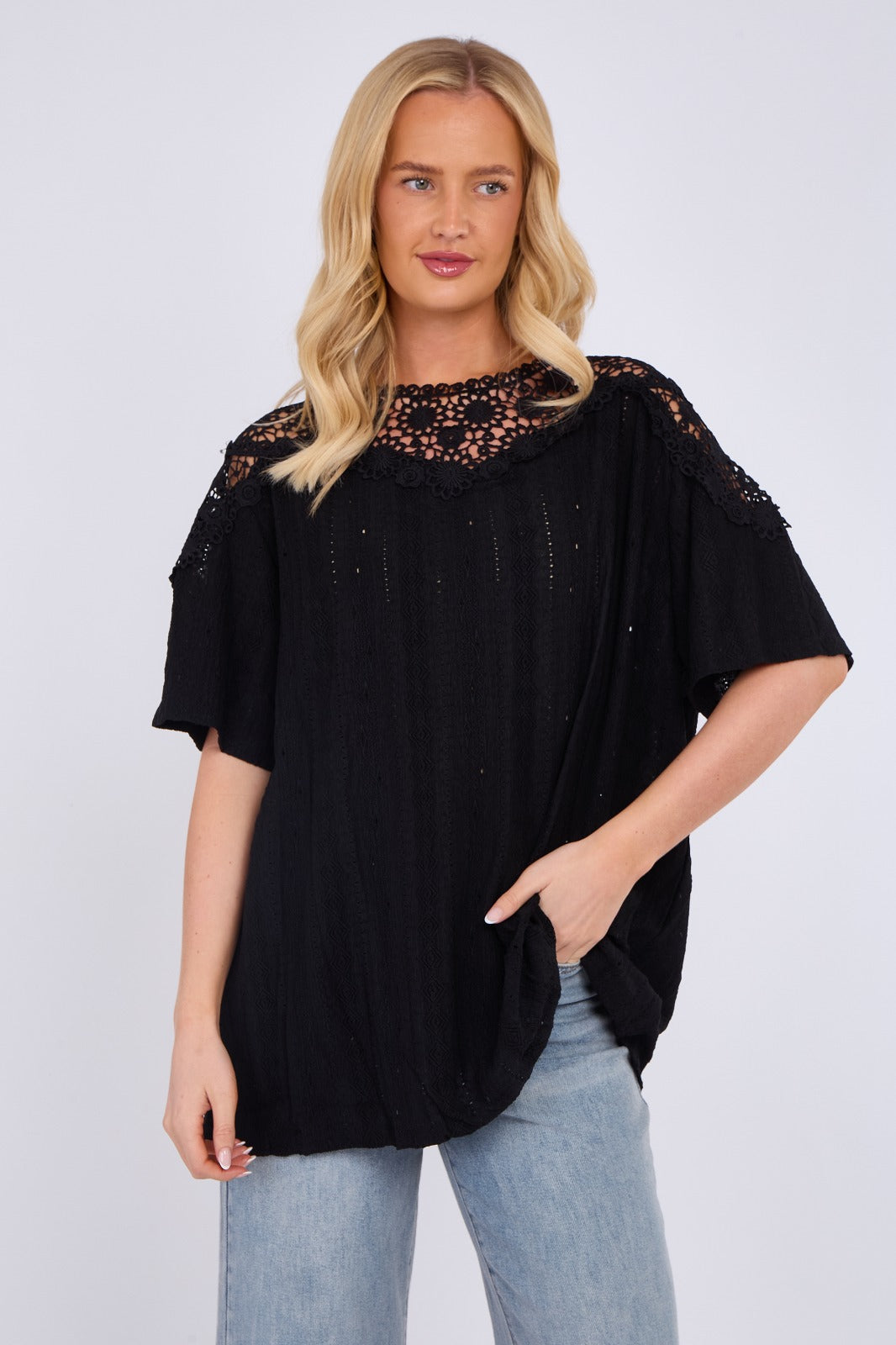 Broderie Anglaise Lace Shoulder Detail Top