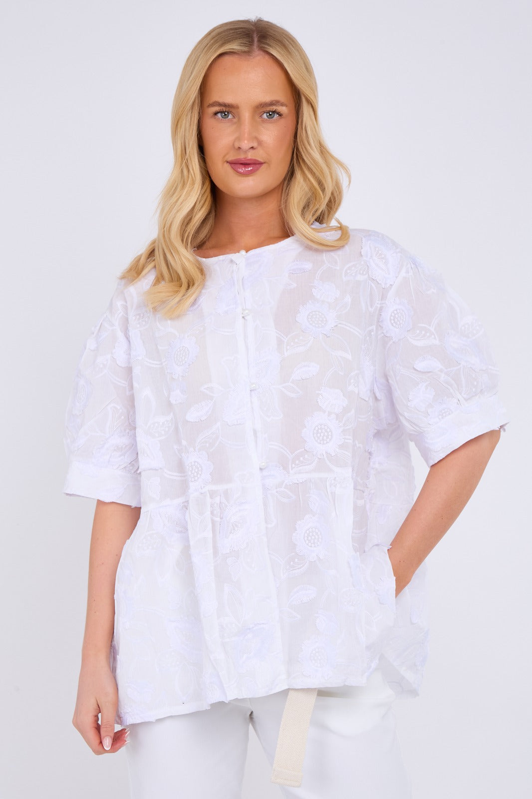 Floral Peplum Blouse with Button Front