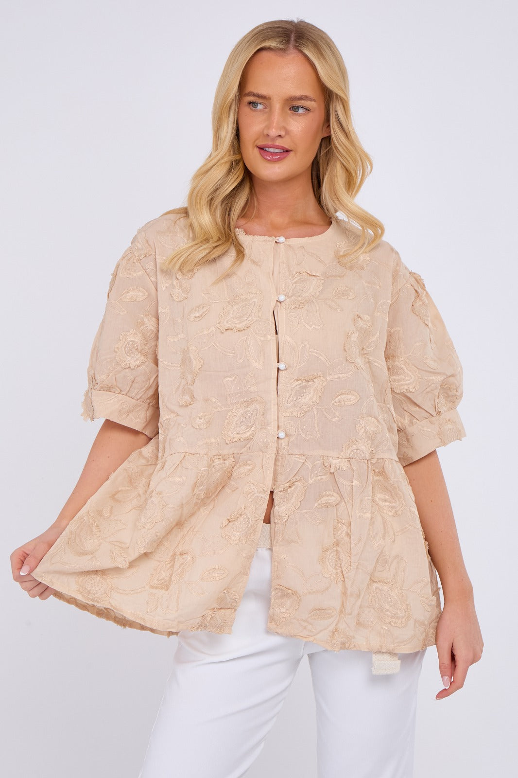 Floral Peplum Blouse with Button Front