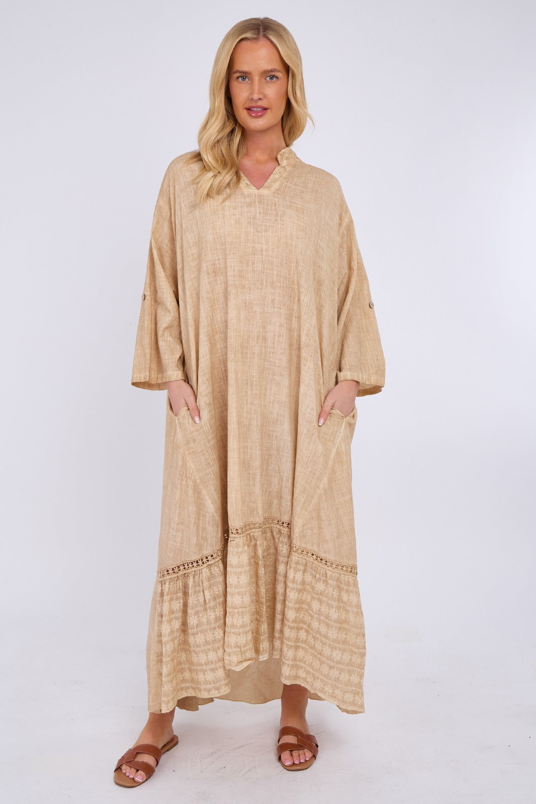 Linen Blend Tiered Maxi Dress with Crochet Trim Detail