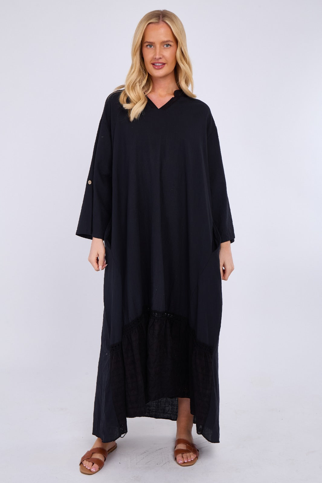 Linen Blend Tiered Maxi Dress with Crochet Trim Detail
