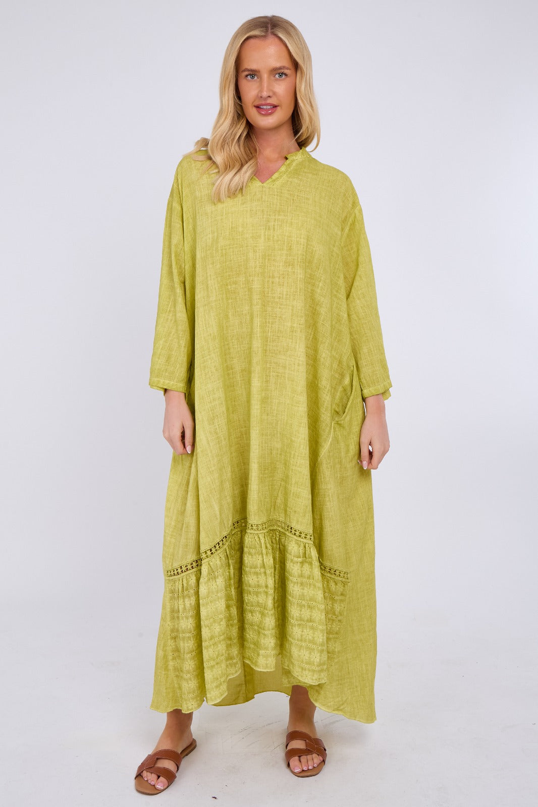 Linen Blend Tiered Maxi Dress with Crochet Trim Detail