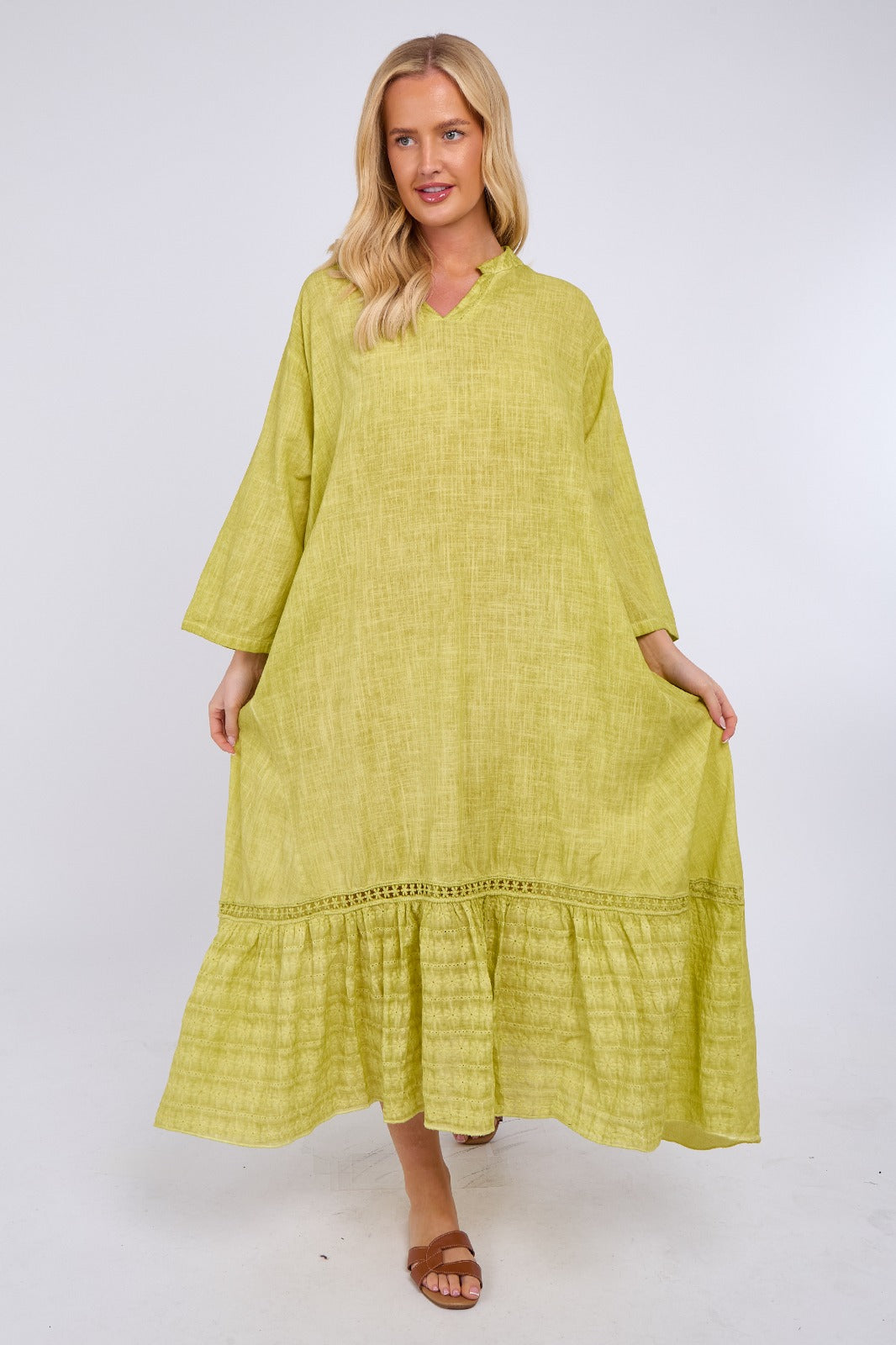 Linen Blend Tiered Maxi Dress with Crochet Trim Detail