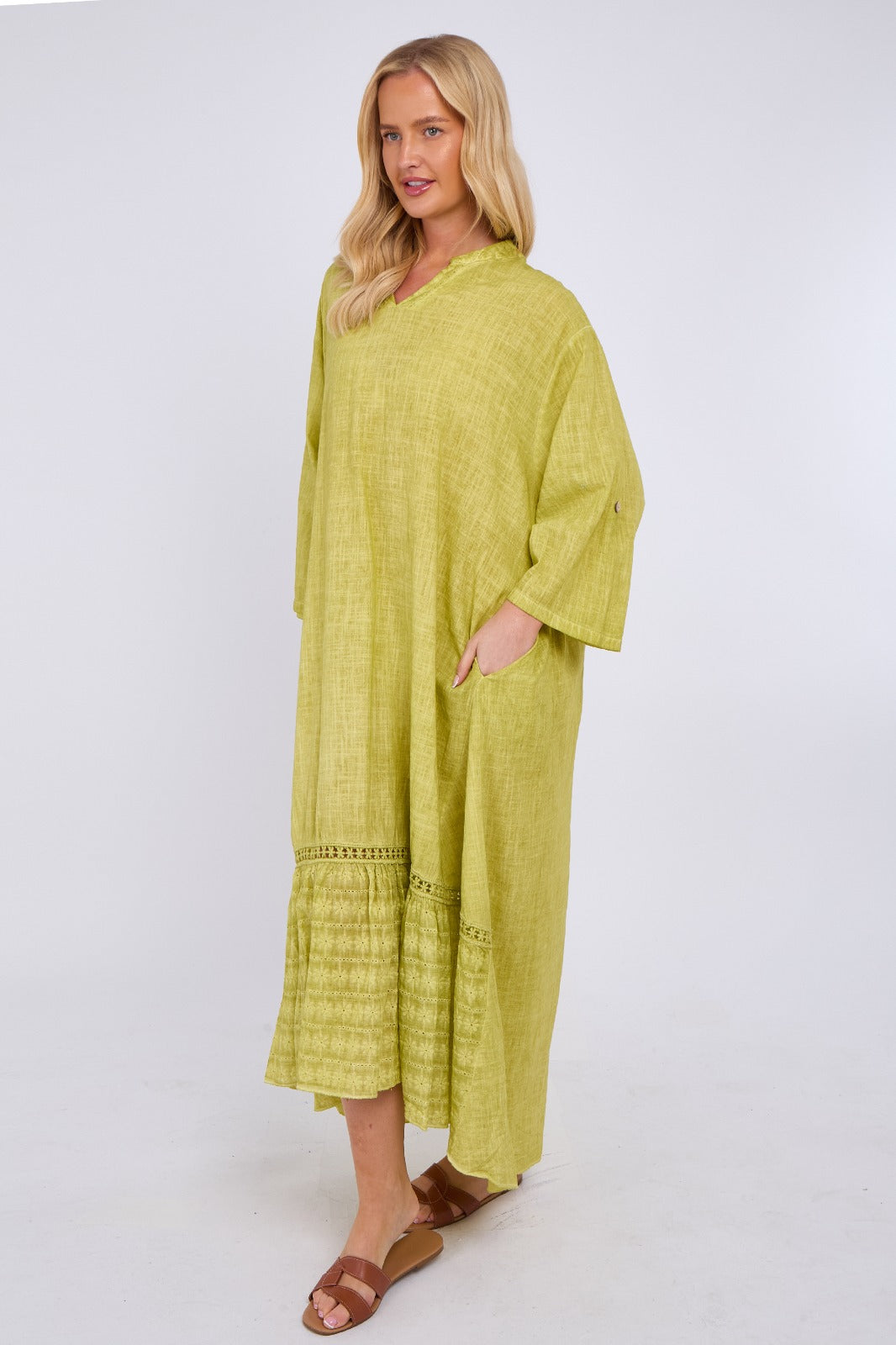 Linen Blend Tiered Maxi Dress with Crochet Trim Detail