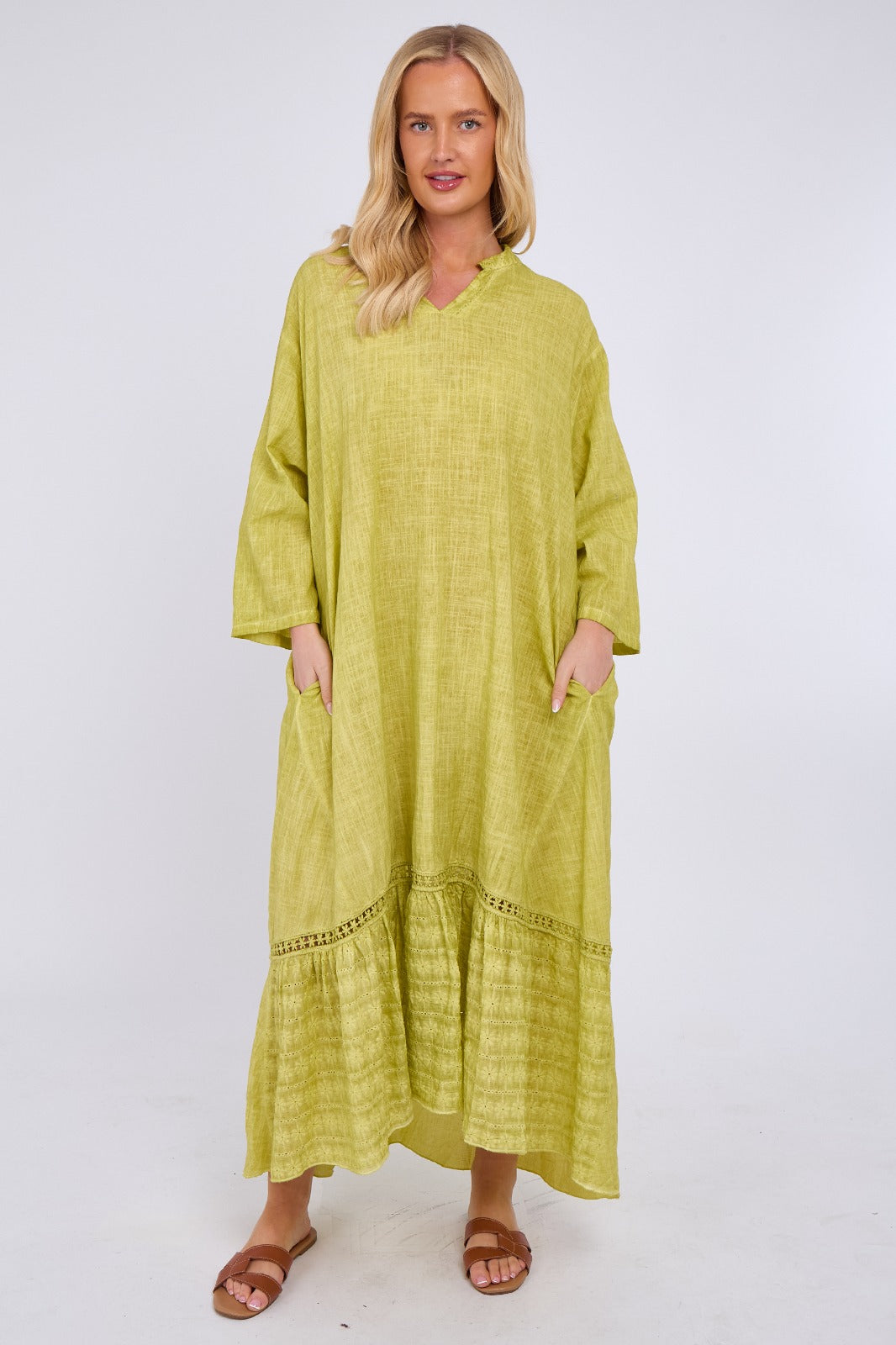 Linen Blend Tiered Maxi Dress with Crochet Trim Detail