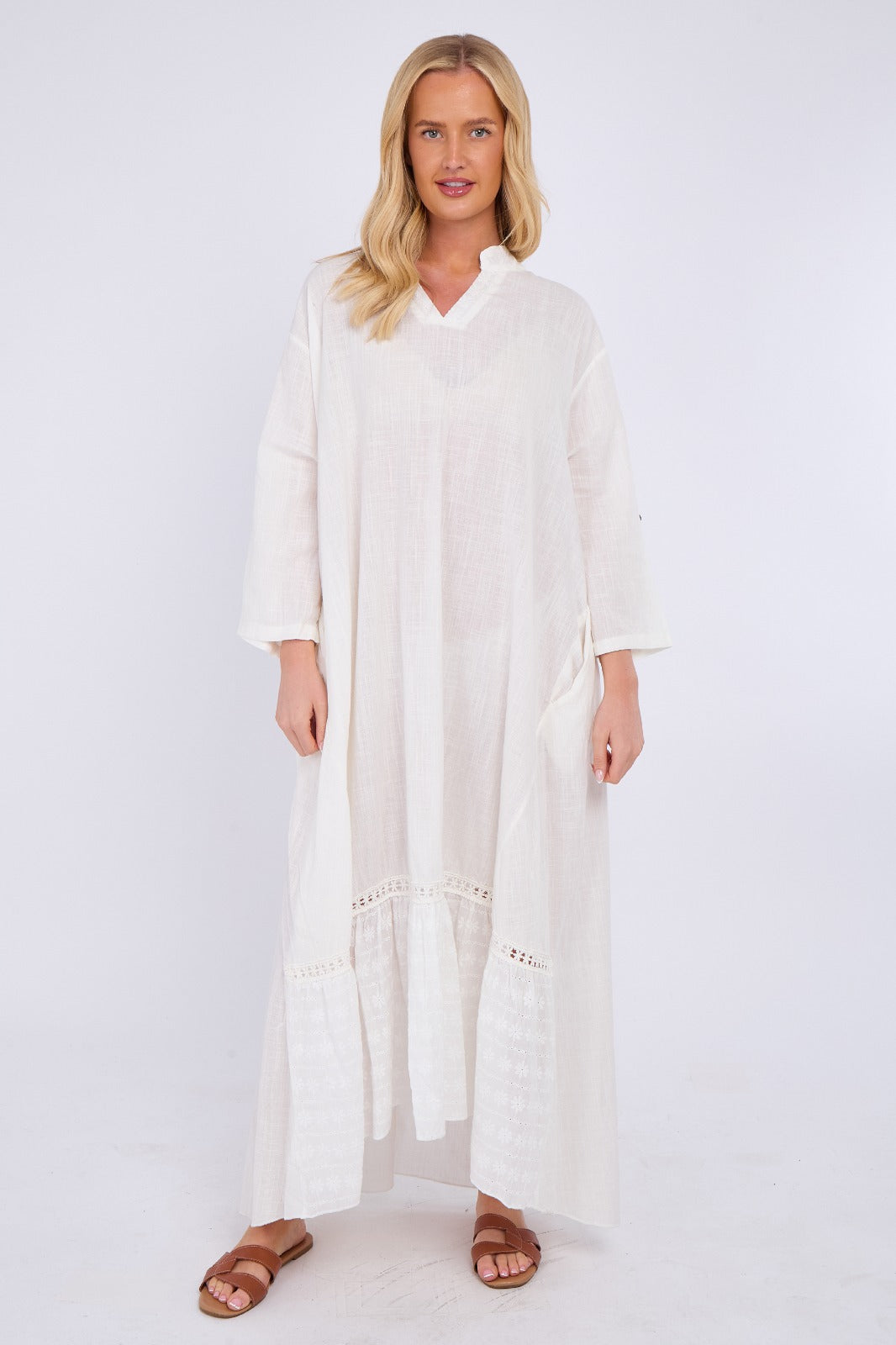 Linen Blend Tiered Maxi Dress with Crochet Trim Detail