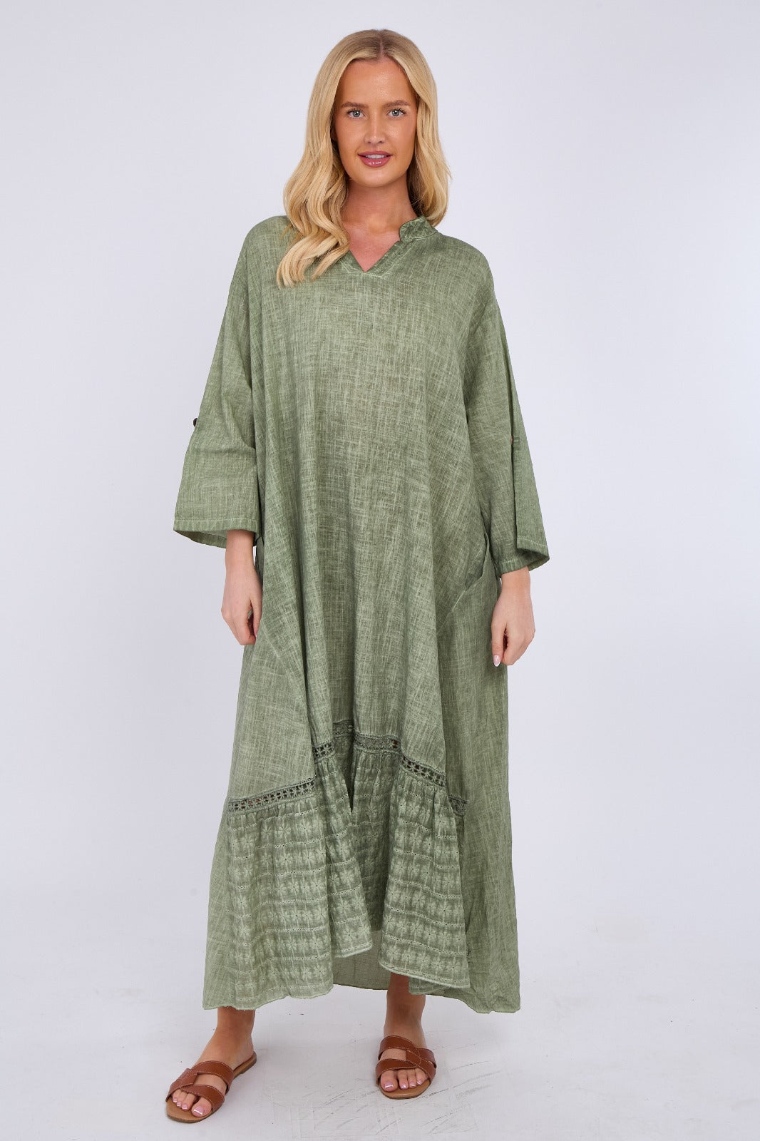 Linen Blend Tiered Maxi Dress with Crochet Trim Detail