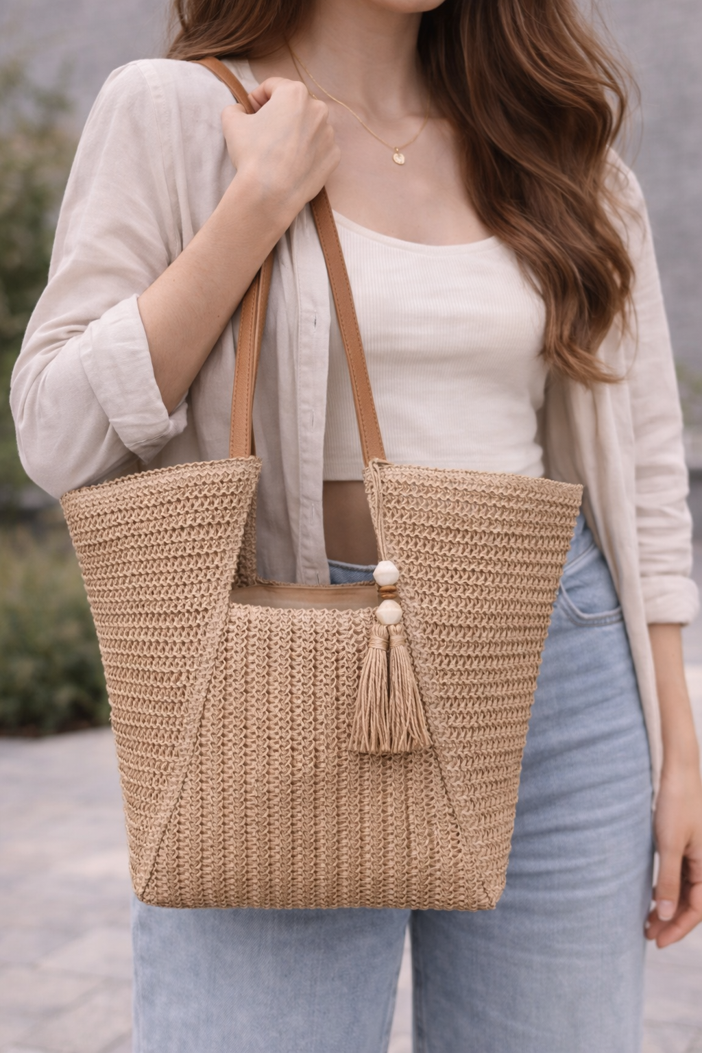 Woven Straw Tote Bag with Tassel Detail