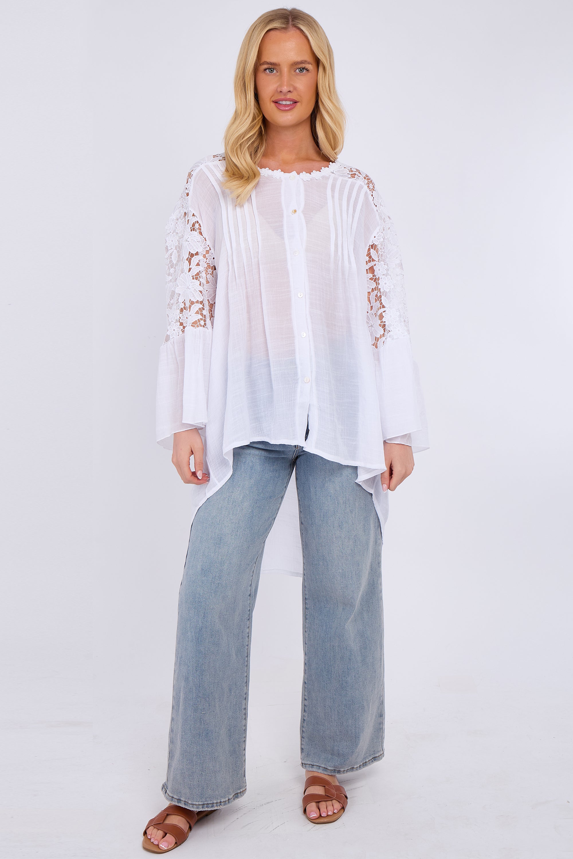 Lace Sleeve Button Front Shirt