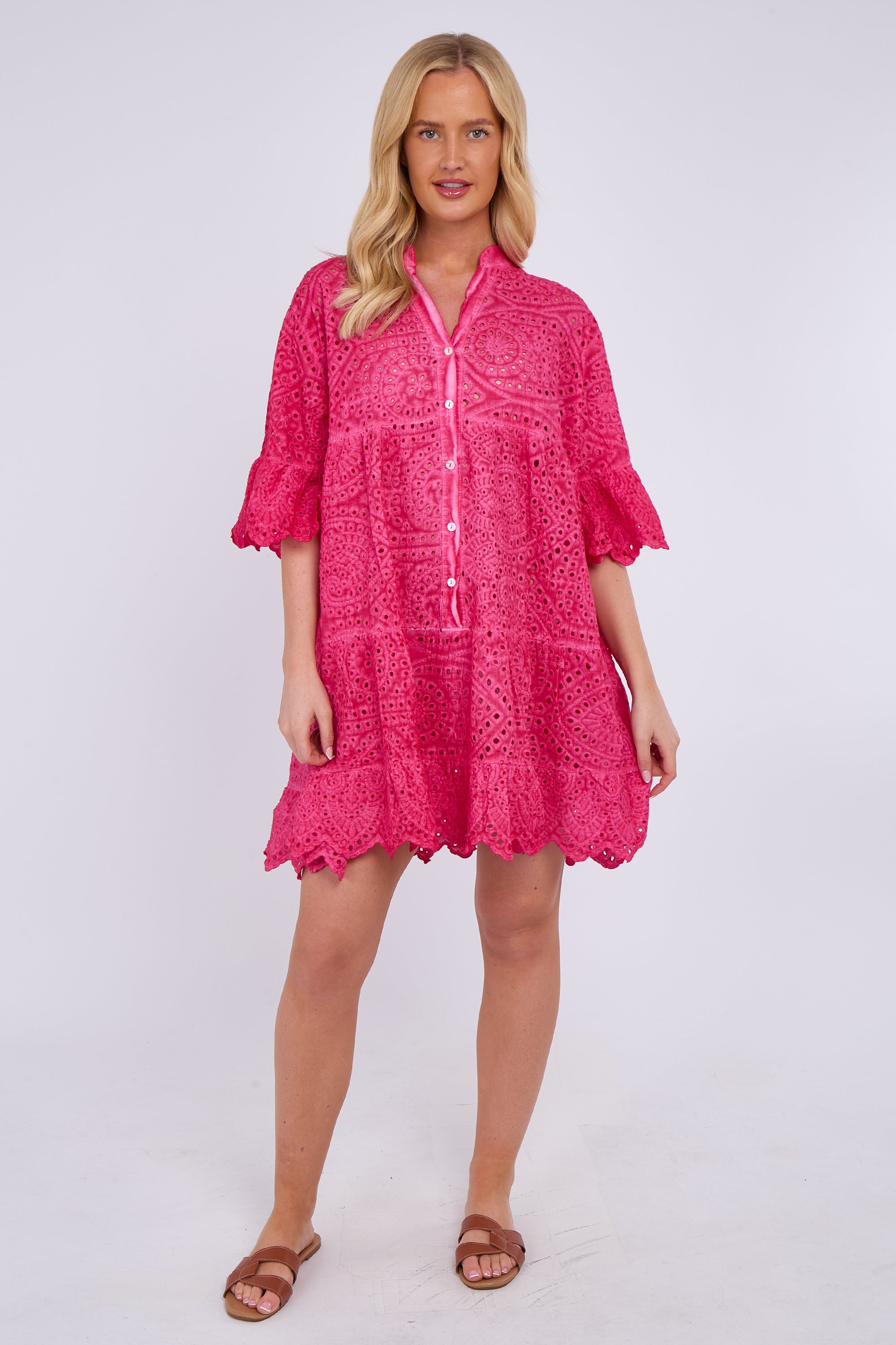 Broderie Lace Button Front Mini Dress