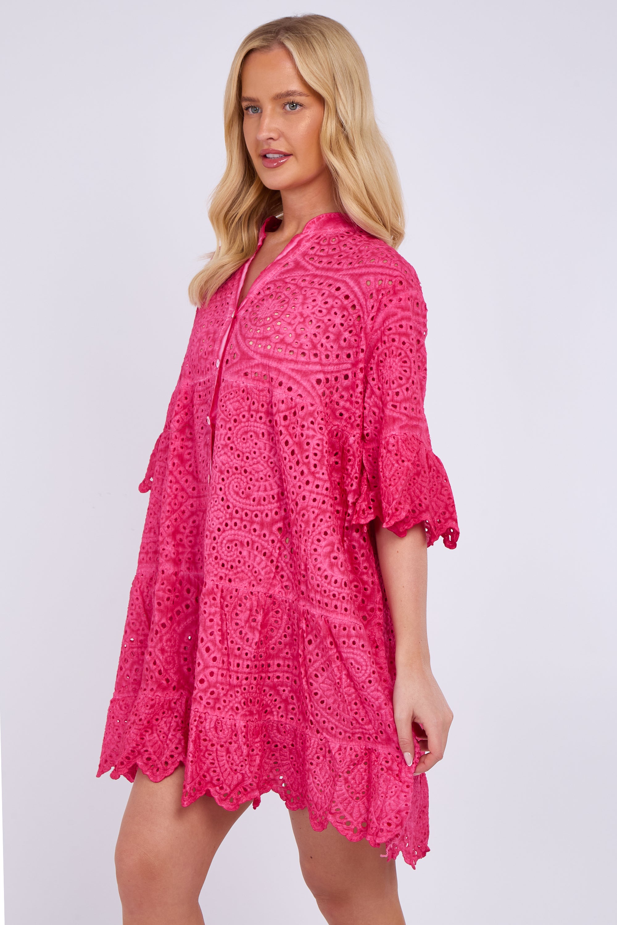 Broderie Lace Button Front Mini Dress