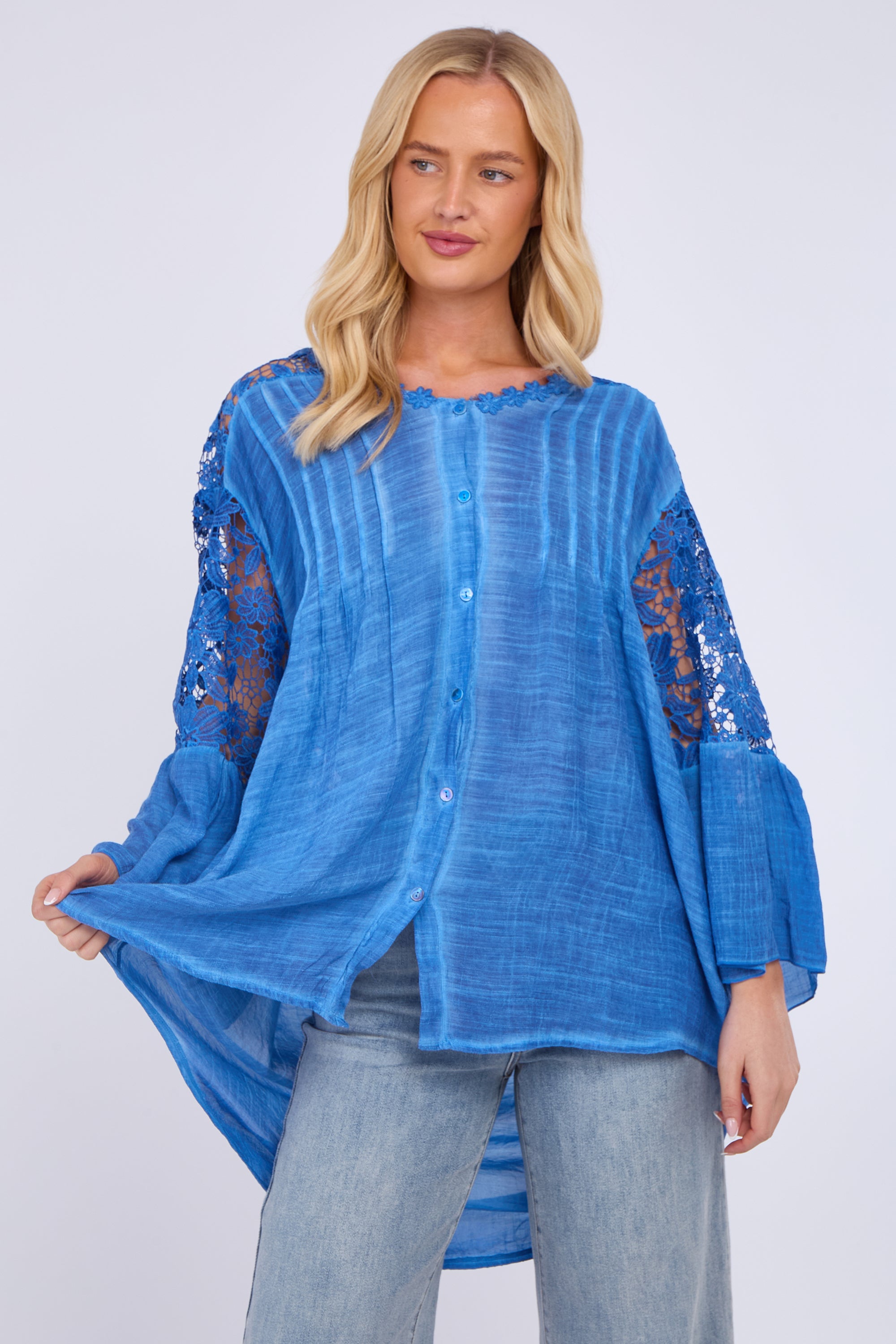 Lace Sleeve Button Front Shirt