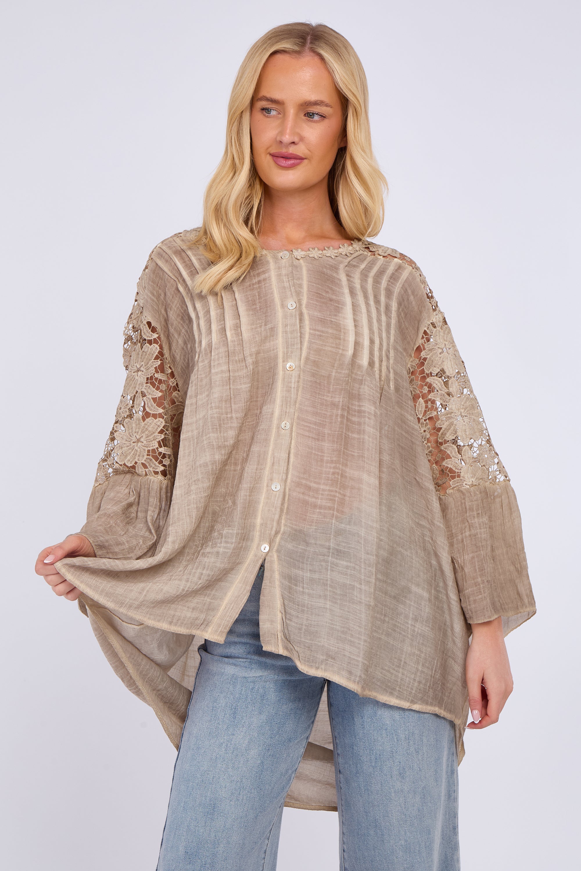 Lace Sleeve Button Front Shirt