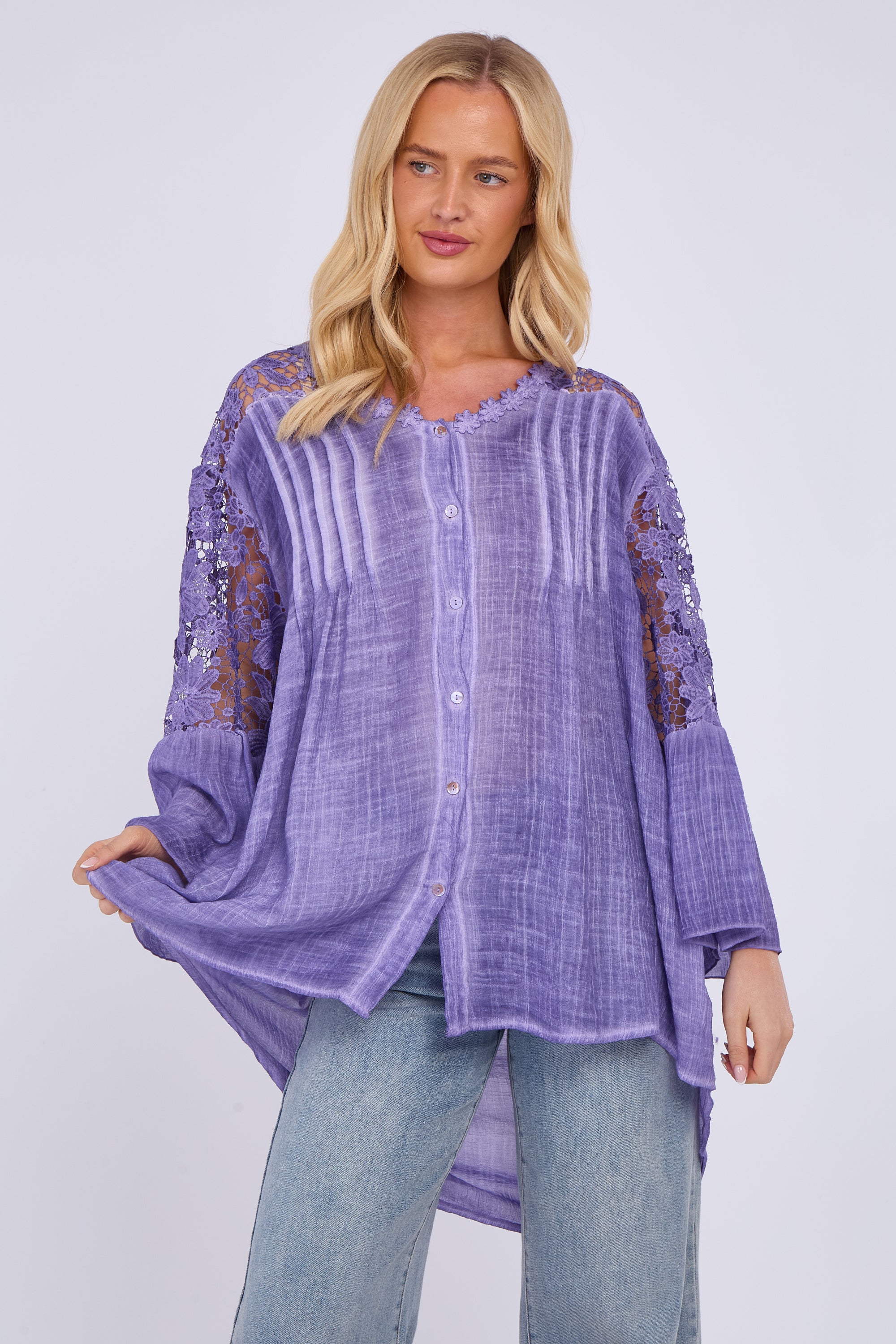 Lace Sleeve Button Front Shirt